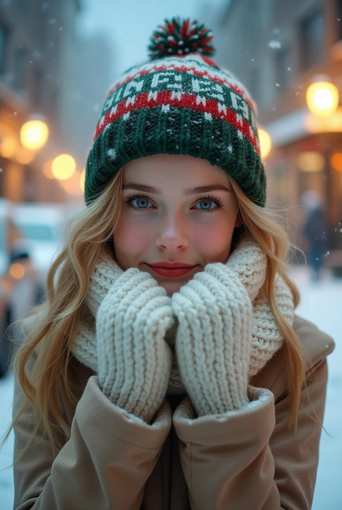 Wearing a green, red and white Christmas knit ski hat, Light gold wavy hair, Bluish eyes, Petite Girls, Beautiful girl even without makeup, Pale red cheeks, Smile shyly, raising the corners of one&#39;s mouth, White scarf wrapped around neck, Light brown winter clothing with a stand-up collar, He exhales coldly, white sighs, Look up at the audience, ((Girl photographed from above)), ((Grabbing the scarf with both hands to hide the mouth)), Street lights are on々The lit-up streetscape, Snow-covered cold street, (best quality,4K,8k,highres,masterpiece:1.2),ultra-detailed,(realistic,photorealistic,photo-realistic:1.37),soft lighting, warm color tones, winter scene, detailed street, cinematic lighting, beautiful girl portrait