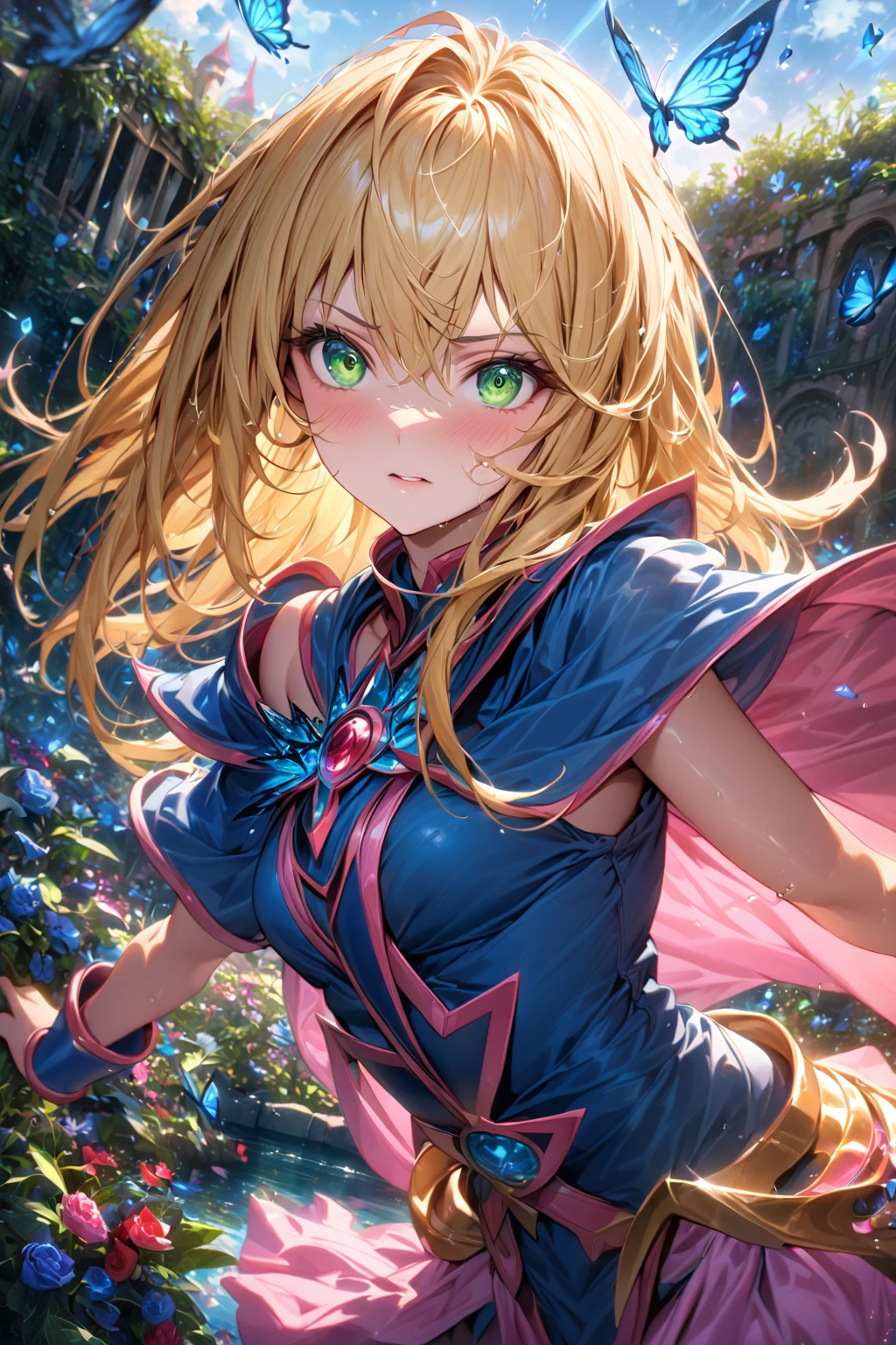 absurdres, highres, ultra detailed, HDR, master piece, best quality, extremely detailed, detailed eyes, detailed face, Dark Magician Girl, blonde hair,, expressive green eyes, Yu-Gi-Oh!, solo, woman, beautiful, blue clothes with pink, magical, fantasy, garden, blue butterflies, blue flowers, blue petals, water, magic, powers