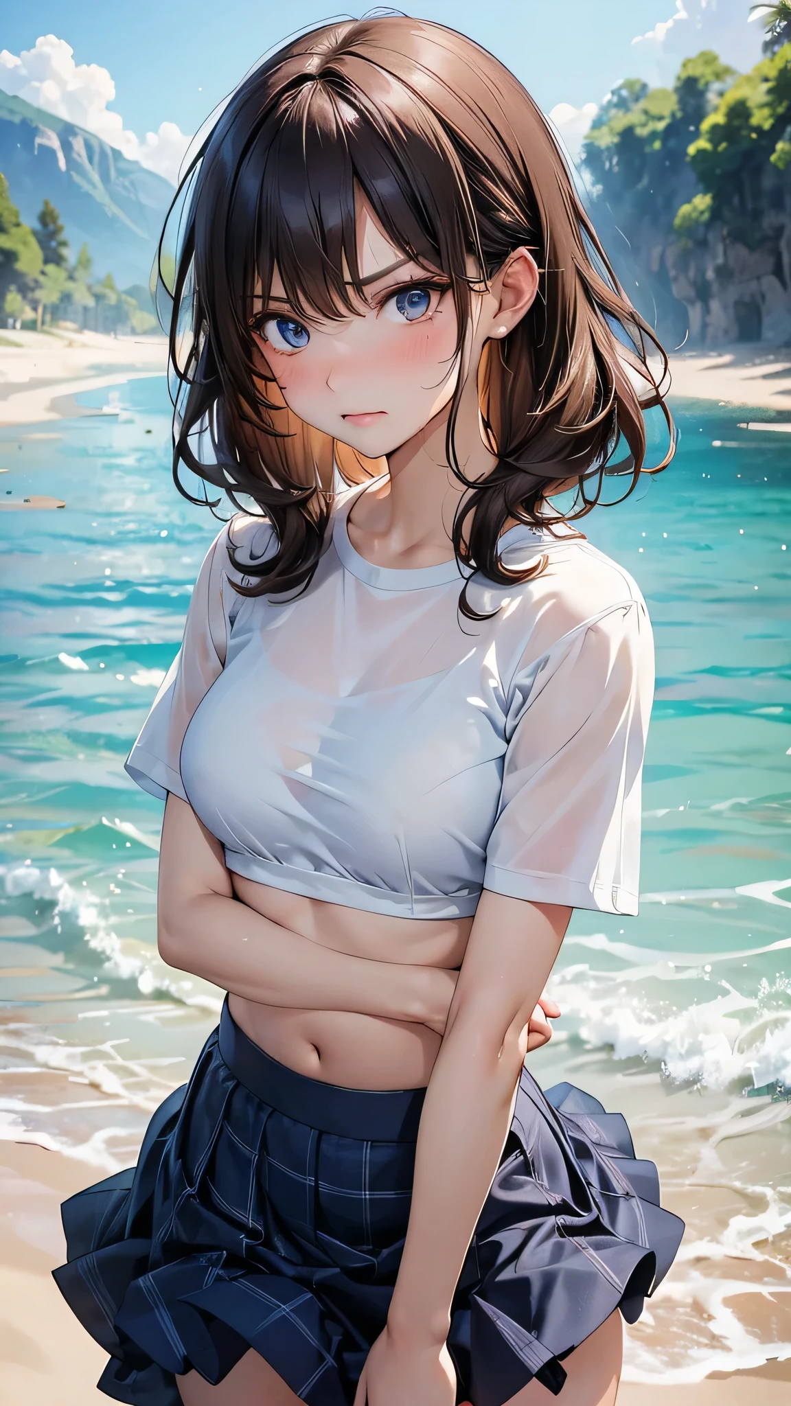 Japanese beautiful girl、((The girl's black hair is in a super short ponytail.、Super Short Bob、He wears a black choker around his neck.、Beautiful hair blowing in the wind、He wears an anklet made of golden chains.、Wearing cotton side string thongs、Wearing a small T-shirt、No bra、Pubic hair is dark and unkempt、Nipples are small and orange、The areola is quite large and the border is not clear.、Quite large eyes are slightly droopy、Charming smile、eyes are shining brightly、big breasts、The waist is moderately narrow、butt is small、legs are thin and long,、The skin is quite white and firm、spotless skin、labia majora light brown、clitoris is pink、vagina is pink、Love juice drips from the vagina、Sweating profusely all over the body、The girl tilts her head slightly、natural and dynamic poses、)),(Photo Quality、best image quality、Precise depiction of face and body、anatomically correct style、Realistic lighting and exposure、Composition that shows the entire room、Composition that everyone can see、Composition from slightly below upwards、Composition from the front、Detailed depiction of genitals、detailed hand drawing、Posing that is physically reasonable、Detailed and natural hair depiction),(Focus on the genitals of men and women、shine a light on the genitals of men and women、The background is a natural blur),(Bright beach beach、Blue sky background、cumulonimbus、Deep blue sea、Horizon in the distance、The girl stands straight with her legs wide open、The girl is holding out her chest, which emphasizes her bust and makes her look beautiful.、Composition that shows you from head to toe)、FERATTIO
