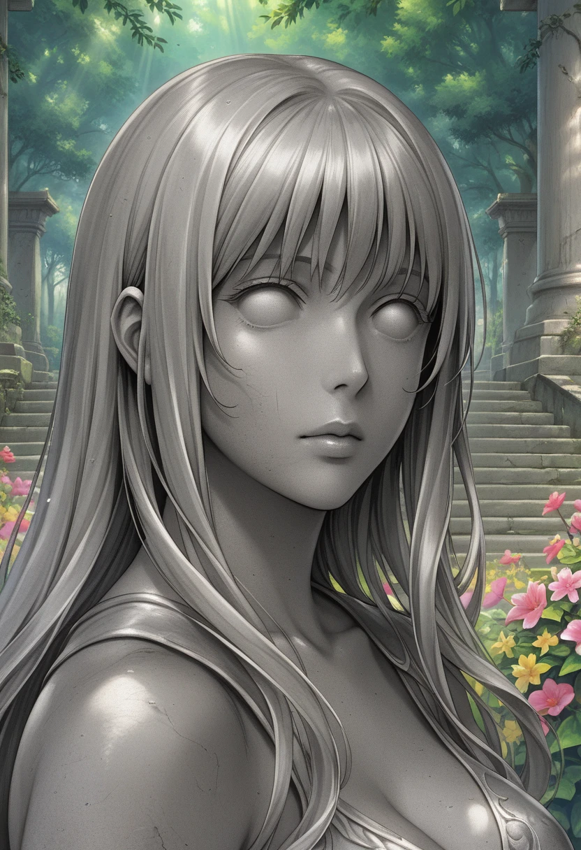 Score_9, score_8_up, score_7_up, Petrifull, Petrification, stone statue, colored skin, grey skin, blank eyes, no eyes, 1girl, queen, detailed face, face focus, (artwork), museum exhibit, classic art, outdoor setting, park, sunlight, surrounded by flowers, (bottomless), no legs, pedestal, Bust_\(sculpture\)