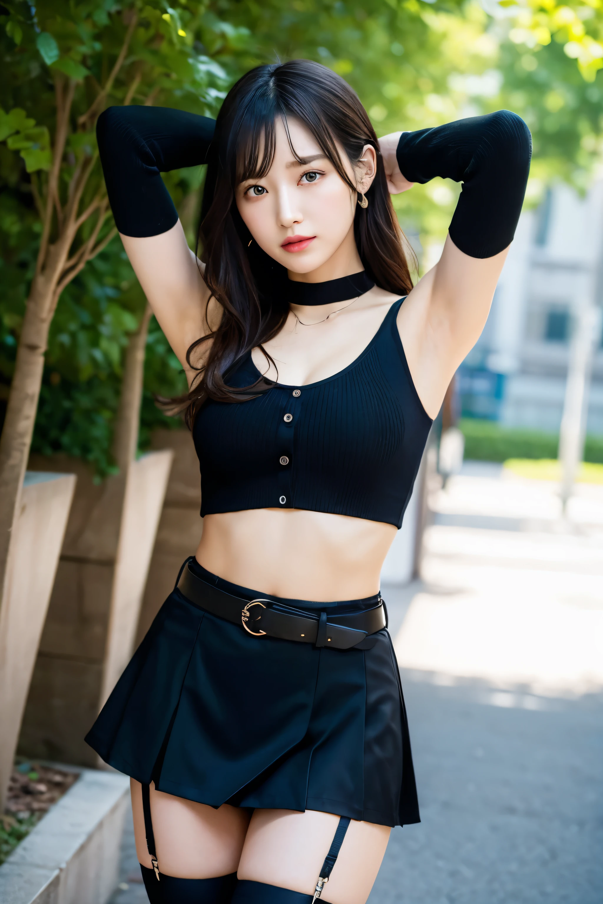(School festival stage), (((whole body:1.3))), (Seductive look:1.3), (Baby Face), (Tight fitting black crop top:1.3), (Black pleated skirt with slit:1.3), (big breasts), (Beautiful armpits:1.2), [sneakers], (Twin tails), (Red ribbon hair clip:1.3), (outstanding style), (Slim thighs:1.4), (Model Body Type:1.2), (8-proportion beautiful girl model:1.3), (Detailed hand:1.3), (Feminine small hands:1.3), (cinched waist:1.4), (smooth waist:1.3), (Beautiful belly:1.3), (Clear white skin), (Beautiful nostalgia:1.2), (Detailed skin texture), (Professional Lighting), (nffsw++:1.1), (Ultra-high resolution), (highest quality), (Improvement of quality), (Ultra-detailed), (Accurate Color), (Photorealistic), (Accurate Shadows), (Idol Face), (Delicate girl), Digital single-lens reflex camera, Sophisticated, Film Grain, chromatic aberration, (looking at the camera:1.2), (Captivate others with your gaze:1.5), (Detailed eyes:1.2)