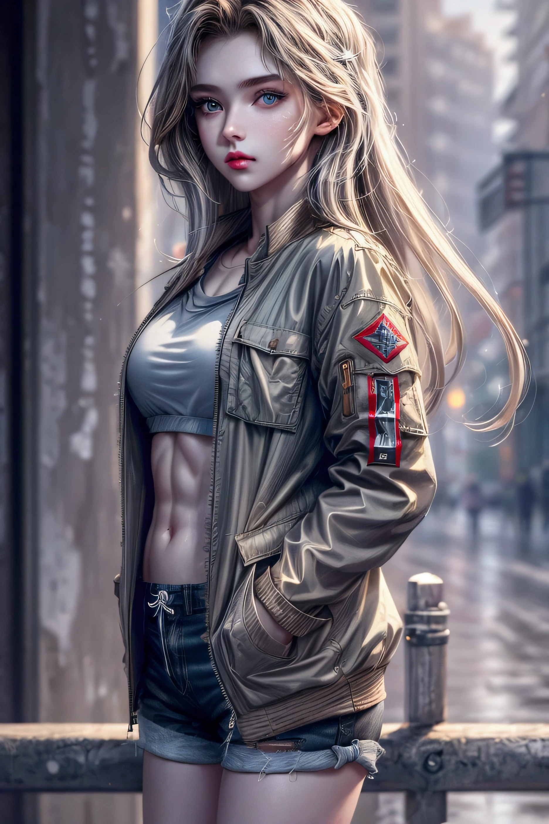 A girl,light brown hair,long hair,hazel eyes, attractive,beautiful, light brown shorts with pockets, dark grey shirt,military jacket without closure, hands in shorts pockets,in destroyed city,at dawn,pale skin,strong abs: 1.2, Highly detailed skin and face texture, detailed eyes, double eyelids, red lips,(Better quality, 8K, Masterpiece: 1.3), perfect hands, Clear focus: 1.2, Beauty,high quality,detailed background.