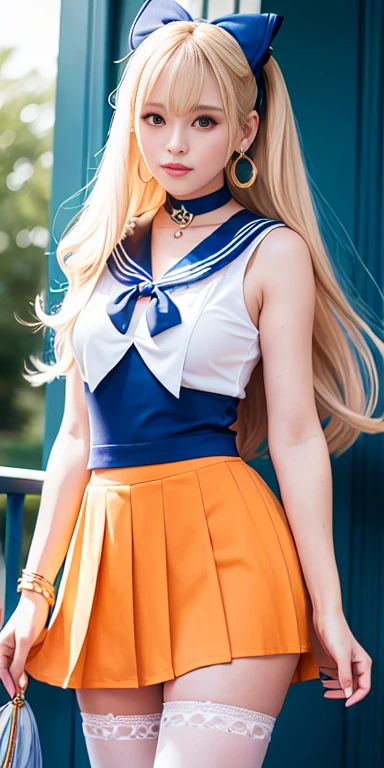 masterpiece, Highest quality, High resolution, Venus 1, One girl, alone, Sailor Warrior Uniform, Sailor Venus, aino minako, Blonde, Magical girl, blue eyes, Orange Skirt, Elbow hand pockets, tiara, Pleated skirt, Hair Ribbon, Orange sailor collar, mini skirt, choker, Red Bow, orange choker, White gloves, Very long hair,  jewelry,  Earrings, Cowboy Shot, smile,,More detailed 8K.Unreal Engine:1.4,超High resolution,La Highest quality:1.4, Realistic:1.4, Skin Texture:1.4, masterpiece:1.8,first work, Highest quality,Object Object], (Detailed facial features:1.3),(Fine hand:1.4),(Apocalyptic destroyed cityscape:1.4)