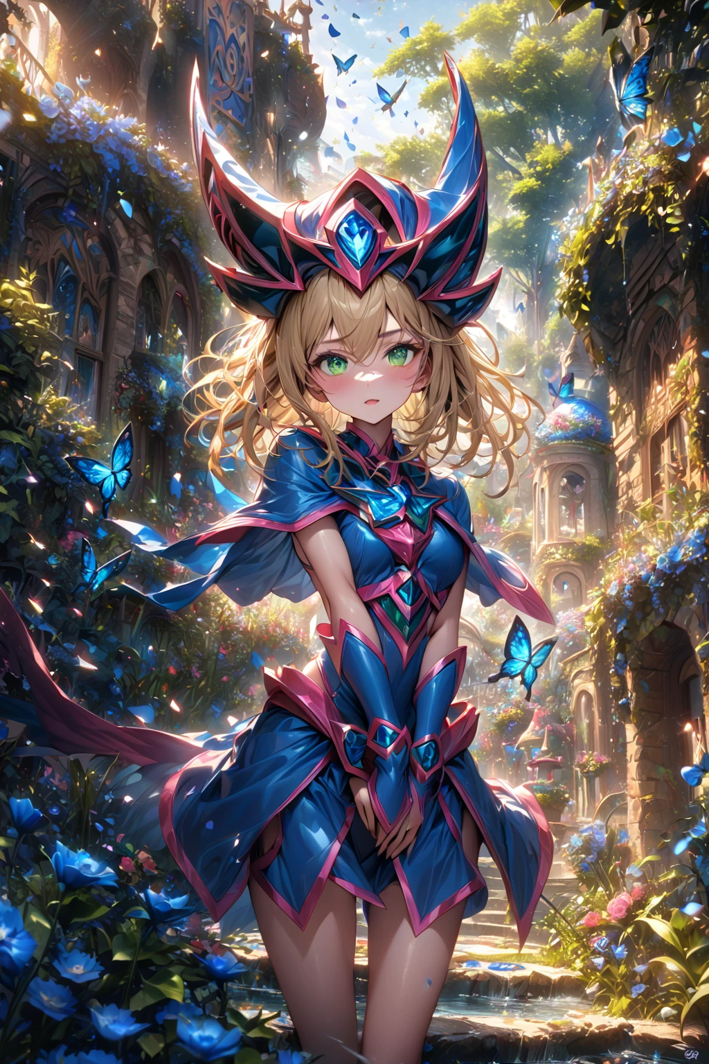 absurdres, highres, ultra detailed, HDR, master piece, best quality, extremely detailed, detailed eyes, detailed face, Dark Magician Girl, blonde hair,, expressive green eyes, Yu-Gi-Oh!, solo, woman, beautiful, blue clothes with pink, magical, fantasy, garden, blue butterflies, blue flowers, blue petals, water, magic, powers