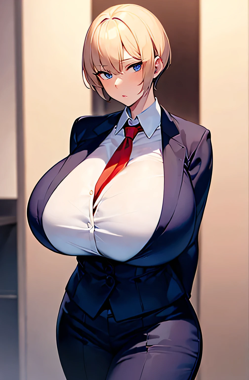 alone、((((Huge breasts))))、Blonde、Very short hair、pixie cut、blue eyes、Tight waist、student、Navy blue blazer、White shirt、Navy blue slacks、Red tie、expensive、Red cheeks、Perm、Confident expression、boyish、Cross your arms behind your back