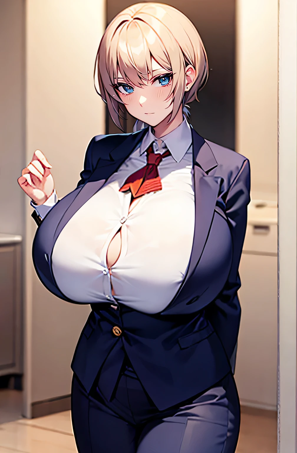 alone、((((Huge breasts))))、Blonde、Very short hair、pixie cut、blue eyes、Tight waist、student、Navy blue blazer、White shirt、Navy blue slacks、Red tie、expensive、Red cheeks、Perm、Confident expression、boyish、Cross your arms behind your back