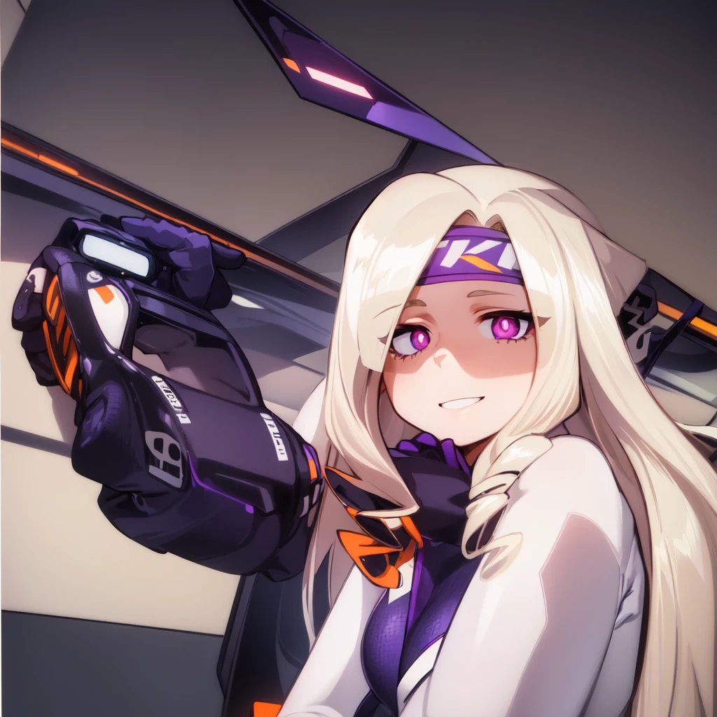 ((best quality)), ((highly detailed)), absurdres, (detailed eyes, deep eyes), (1girl), reflection, on knees, Yu Takeyama, long hair, blonde hair, drill hair, purple eyes, wide hips, breasts, serious, racing jacket, jeans, pants, white shirt, sneakers, purple headband, smile, gloves, purple car, night background, orange track