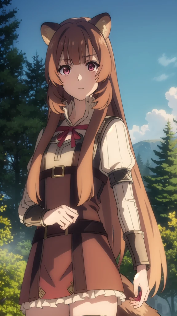 raphtalia, raphtalia, animal ears, brown hair, long hair, raccoon ears, raccoon girl, raccoon tail, (red eyes:1.5), tail,
BREAK arm garter, belt, brown belt, brown dress, dress, juliet sleeves, long sleeves, puffy sleeves, short dress,
BREAK looking at viewer,
BREAK outdoors, forest, nature, sun, sky, (cowboy shot:1.5),
BREAK (masterpiece:1.2), best quality, high resolution, unity 8k wallpaper, (illustration:0.8), (beautiful detailed eyes:1.6), extremely detailed face, perfect lighting, extremely detailed CG, (perfect hands, perfect anatomy),