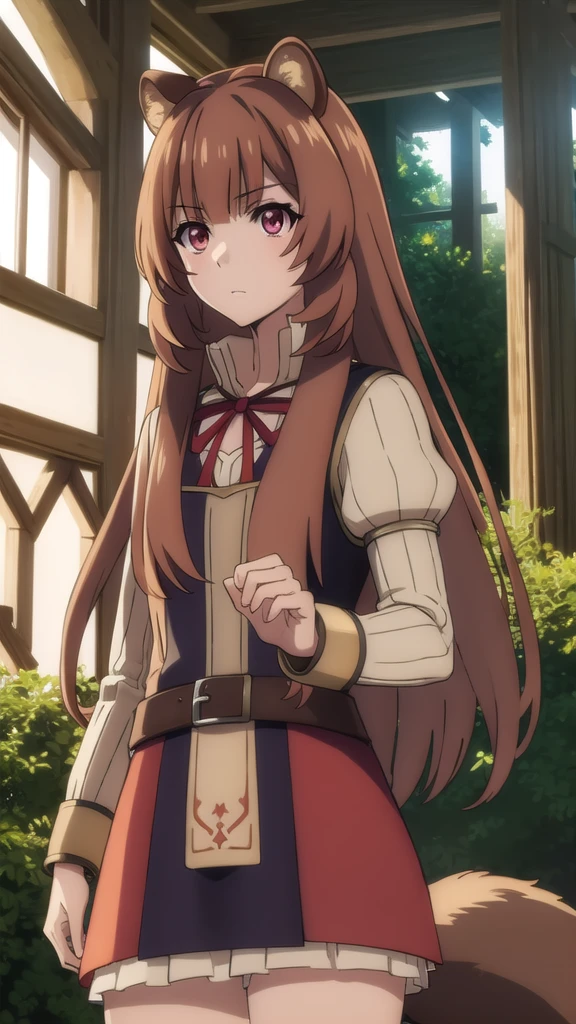 raphtalia, raphtalia, animal ears, brown hair, long hair, raccoon ears, raccoon girl, raccoon tail, (red eyes:1.5), tail,
BREAK arm garter, belt, brown belt, brown dress, dress, juliet sleeves, long sleeves, puffy sleeves, short dress,
BREAK looking at viewer,
BREAK outdoors, forest, nature, sun, sky, (cowboy shot:1.5),
BREAK (masterpiece:1.2), best quality, high resolution, unity 8k wallpaper, (illustration:0.8), (beautiful detailed eyes:1.6), extremely detailed face, perfect lighting, extremely detailed CG, (perfect hands, perfect anatomy),