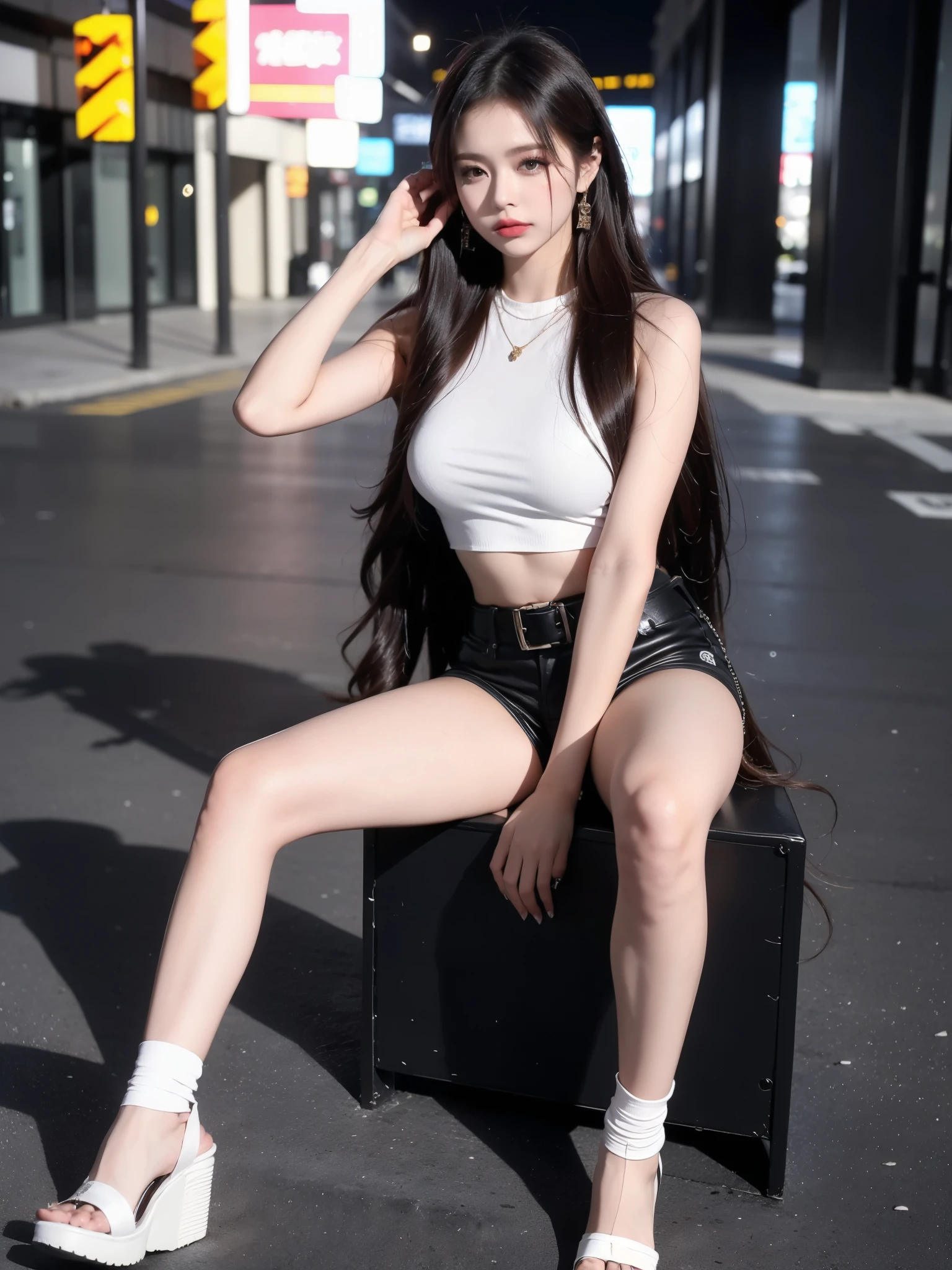 A young woman sitting on the ground in a stylish streetwear outfit. She is wearing a gold crop top paired with high-waisted black shorts, and a white studded belt around her waist. She has long, wavy hair that cascades over her shoulders. Her legs are adorned with thigh-high white leg warmers over chunky black platform sandals, creating a bold and fashionable look. The scene is set in an urban parking lot at night, with metal fencing and dim streetlights in the background, adding a gritty, edgy atmosphere. Her pose is casual yet confident, with her hands resting behind her head and one leg bent