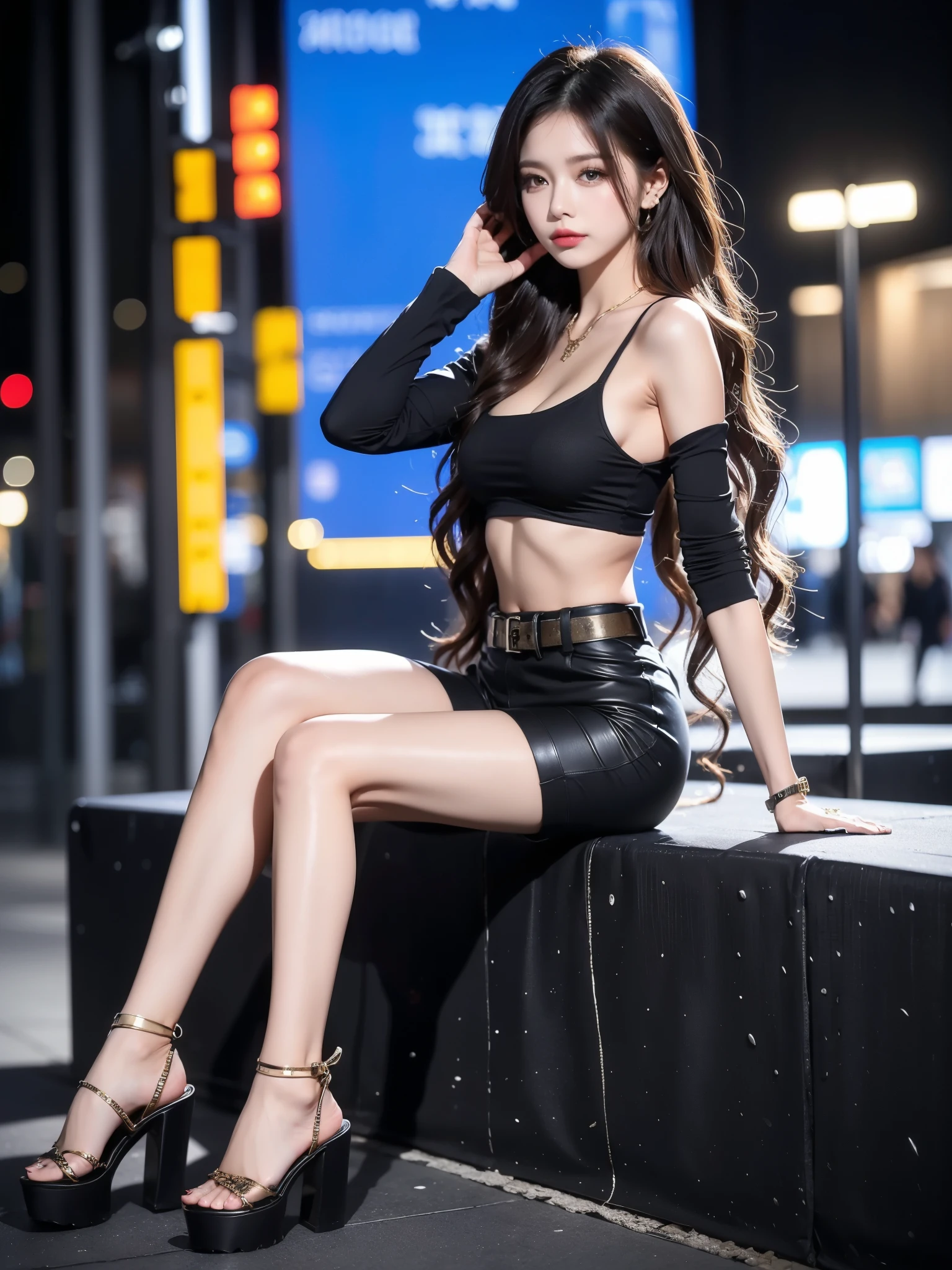 A young woman sitting on the ground in a stylish streetwear outfit. She is wearing a gold crop top paired with high-waisted black shorts, and a white studded belt around her waist. She has long, wavy hair that cascades over her shoulders. Her legs are adorned with thigh-high white leg warmers over chunky black platform sandals, creating a bold and fashionable look. The scene is set in an urban parking lot at night, with metal fencing and dim streetlights in the background, adding a gritty, edgy atmosphere. Her pose is casual yet confident, with her hands resting behind her head and one leg bent