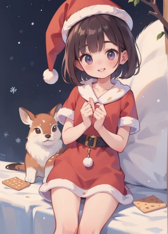 (Best Quality,16k,High resolution,masterpiece:1.2)，very detailed，Realistic:1.37，shape，Dark and mysterious，Black short bob，very ，very short stature，Flat Chest，very thin thighs，Detailed eyes，Detailed lips，Santa Claus clothes，Winter in Nara City，snow，Red tricorn hat，There are short horns on the head，Beautiful Face，smile，Deer crackers:1.2，This is what happened，very cunning gestures，

