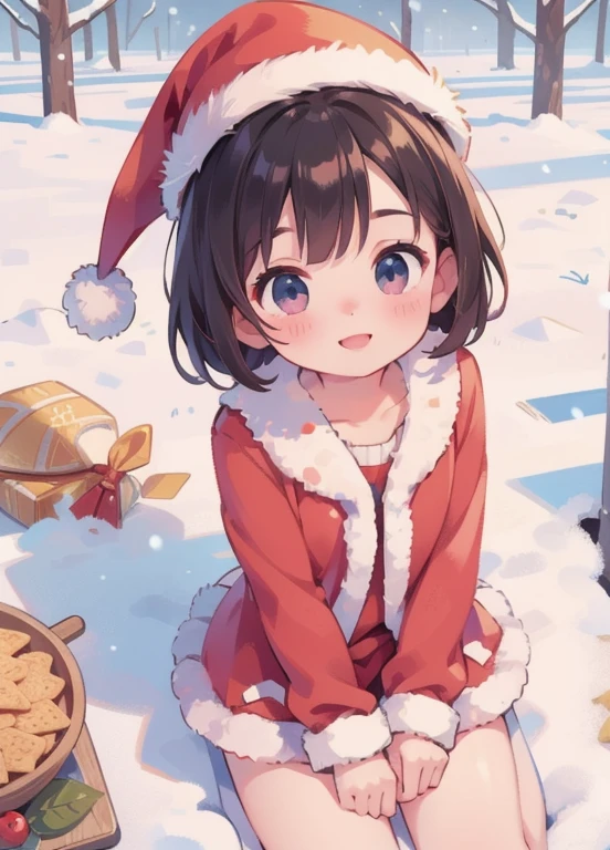 (Best Quality,16k,High resolution,masterpiece:1.2)，very detailed，Realistic:1.37，shape，Dark and mysterious，Black short bob，very ，very short stature，Flat Chest，very thin thighs，Detailed eyes，Detailed lips，Santa Claus clothes，Winter in Nara City，snow，Red tricorn hat，There are short horns on the head，Beautiful Face，smile，Deer crackers:1.2，This is what happened，very cunning gestures，

