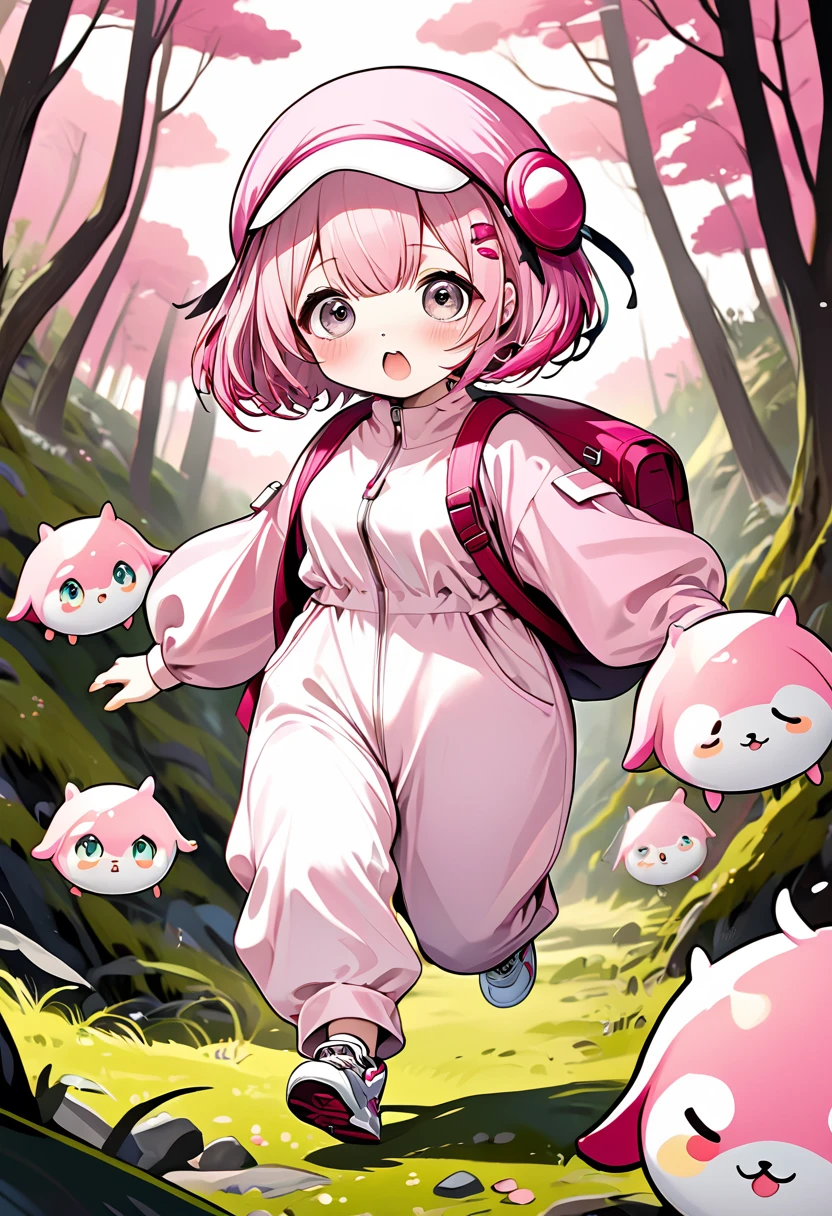 kawaii chibi character girl, pink bob haircut, cute big round eyes, expressive, various expressions, wearing baggy pink jumpsuit, baggy hat, running in the wilderness, background wilderness, conceptual installation art, BREAK delicate and dynamic textures, 2.5D, digital graphic CG, BREAK ultra detailed, absolutely resolution, best quality