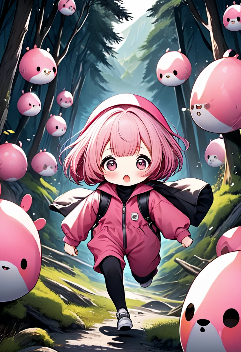 kawaii chibi character girl, pink bob haircut, cute big round eyes, expressive, various expressions, wearing baggy pink jumpsuit, baggy hat, running in the wilderness, background wilderness, conceptual installation art, BREAK delicate and dynamic textures, 2.5D, digital graphic CG, BREAK ultra detailed, absolutely resolution, best quality