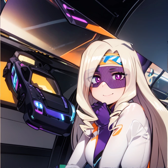 ((best quality)), ((highly detailed)), absurdres, (detailed eyes, deep eyes), (1girl), reflection, on knees, Yu Takeyama, long hair, blonde hair, drill hair, purple eyes, wide hips, breasts, serious, racing jacket, jeans, pants, white shirt, sneakers, purple headband, smile, gloves, purple car, night background, orange track, orange googles