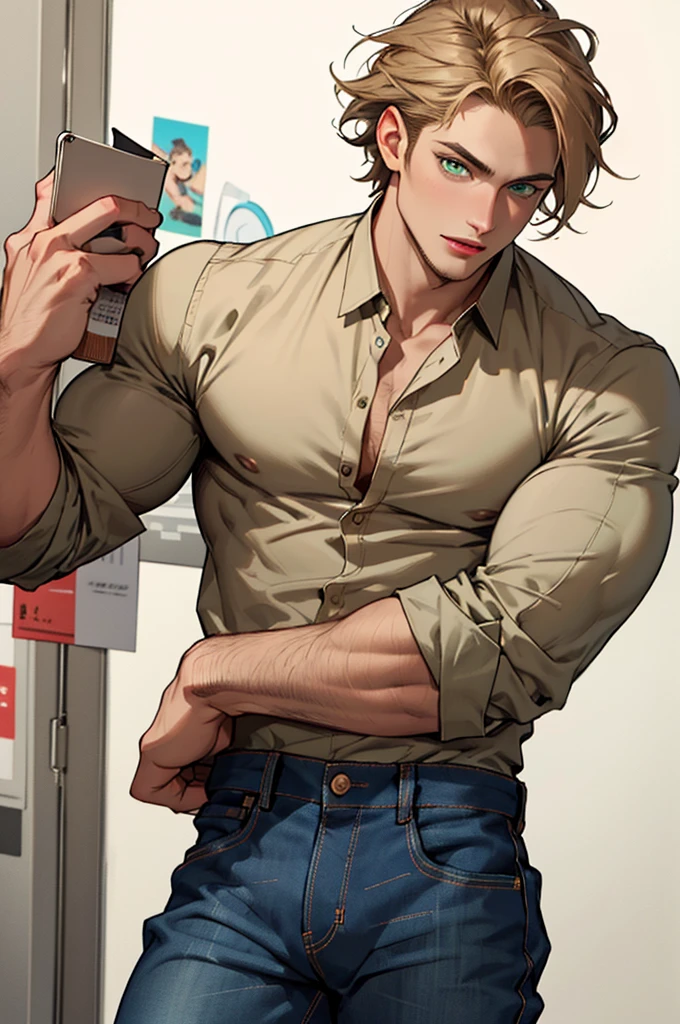 A muscular teen male with red sweatervest deep deep v neck with auburn shaggy hair 1980s