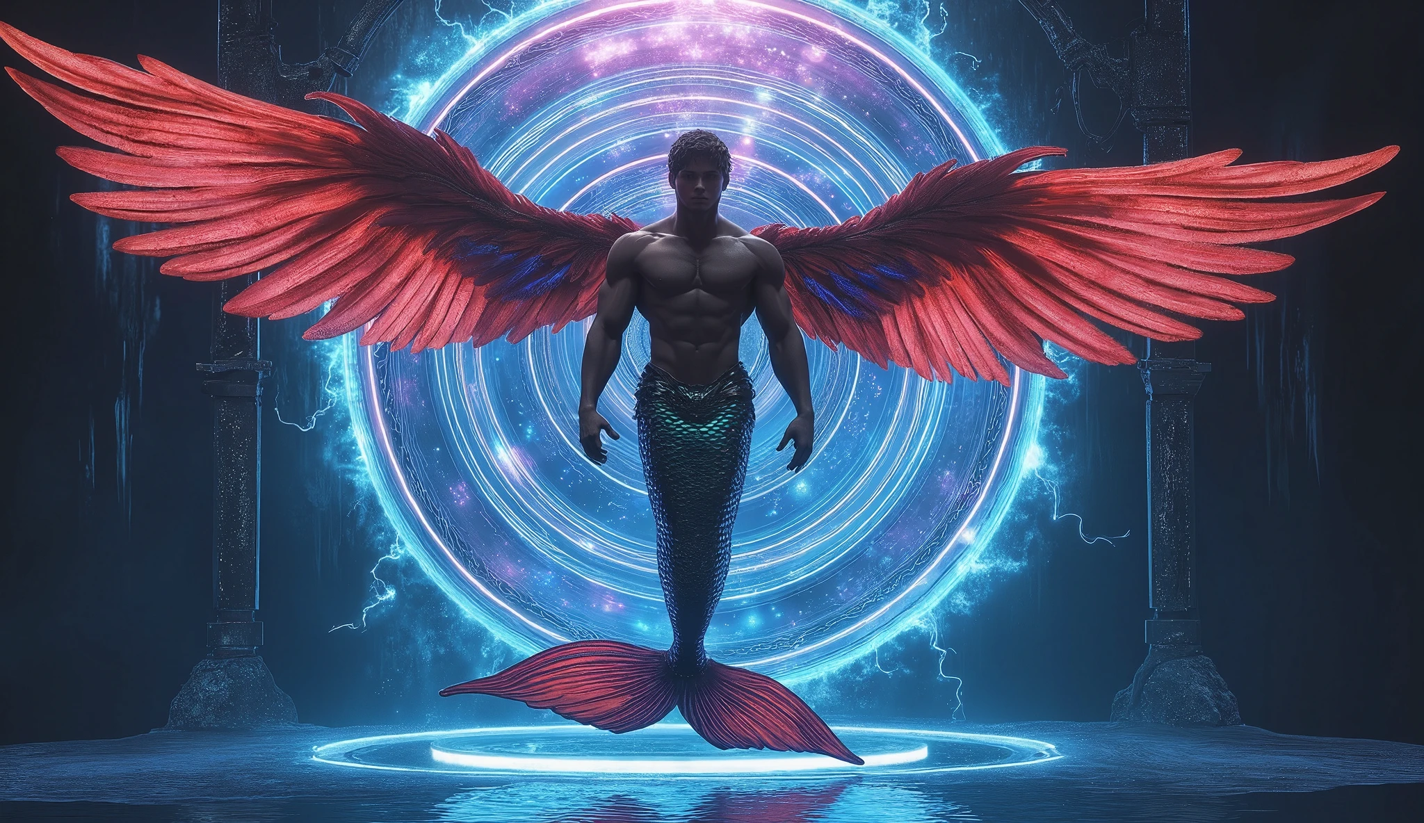 A male mermaid standing at the threshold of an Interdimensional Portal, with swirling energies and distorted space-time. Imagine a vibrant, neon-lit portal with blue and red hues, pulsing with otherworldly power,feathered wings