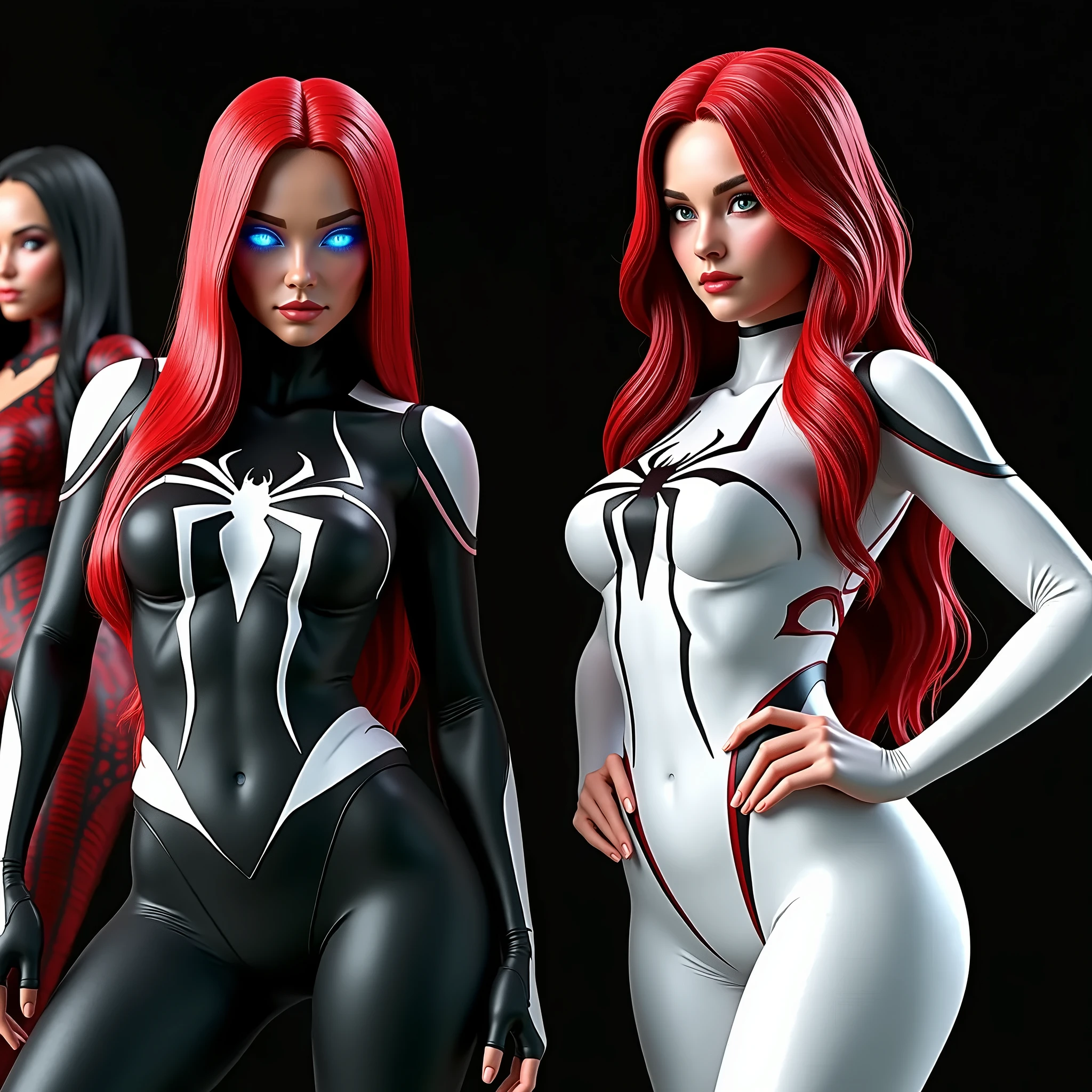 (((BIG ASS))) blondie girl, black girl, Latin girl, Japanese girl, brunette girl, redhead girl in a Spiderman multiverse, each one of them is a (different version of Spiderman), ((skinny)), slim thick, small waist, (ultra-detailed faces), 8k