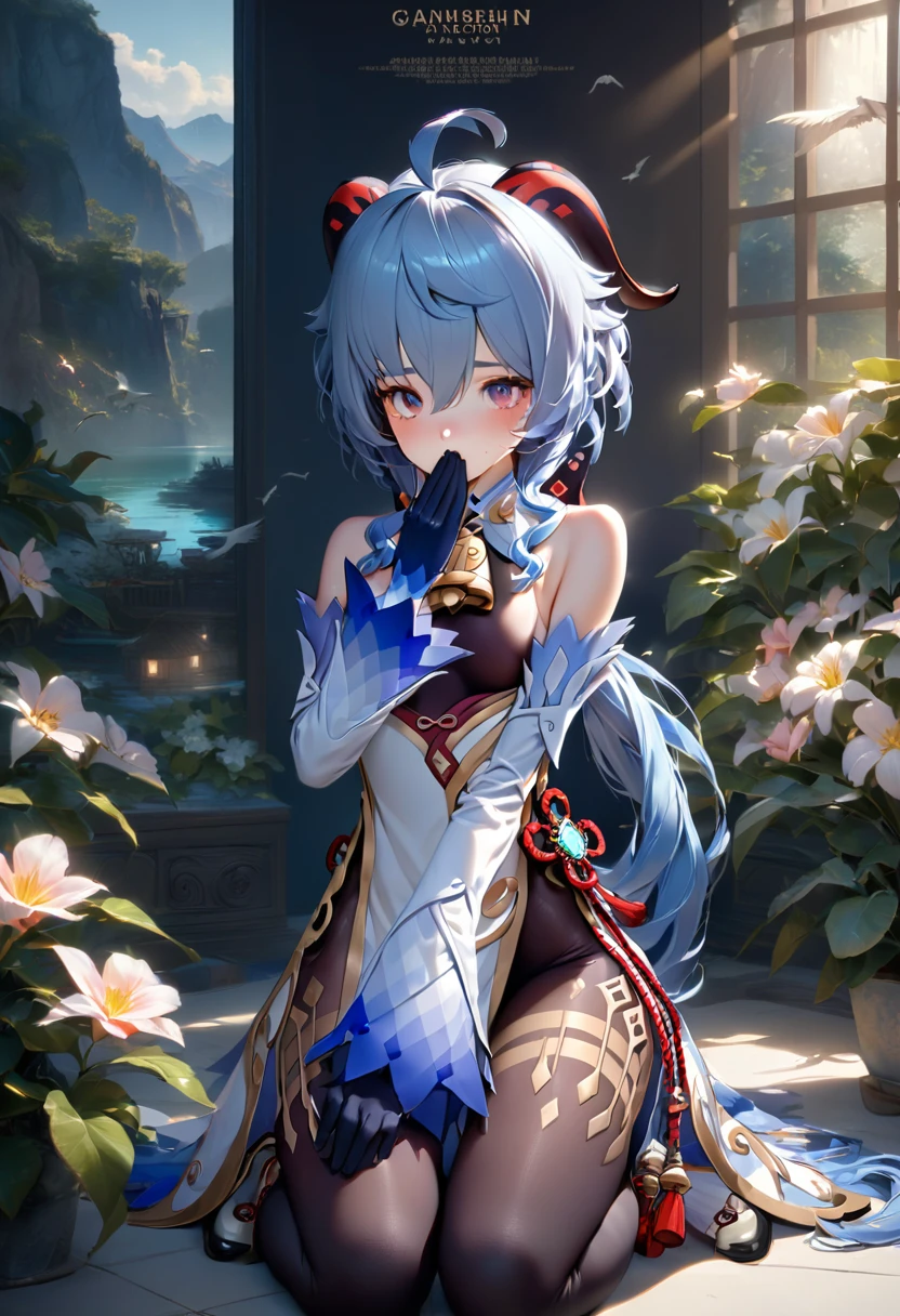 (8K, Masterpiece, side lighting, shading, beautiful eyes), 1.4: 1 woman, Genshin-ganyu, bare shoulders, blue hair, ojos morados, Black gloves, Black stockings, White heels, campaign de cuello, campaign, Chinese knot, unbuttoned sleeves, flower knot portrait, waist up, narrow waist, blushing, portrait, realistic, 3d way 1.3: posture, surprised face, hands in mouth, hands covering his mouth, blushing, perfect anatomy, perfect body, Hiring, 1.2 bottom: kneeling behind some bushes, lagoon with flowers, birds, behind mountains, perfect bodies, perfect anatomy, Perfect fingers, Ambient light, shading.