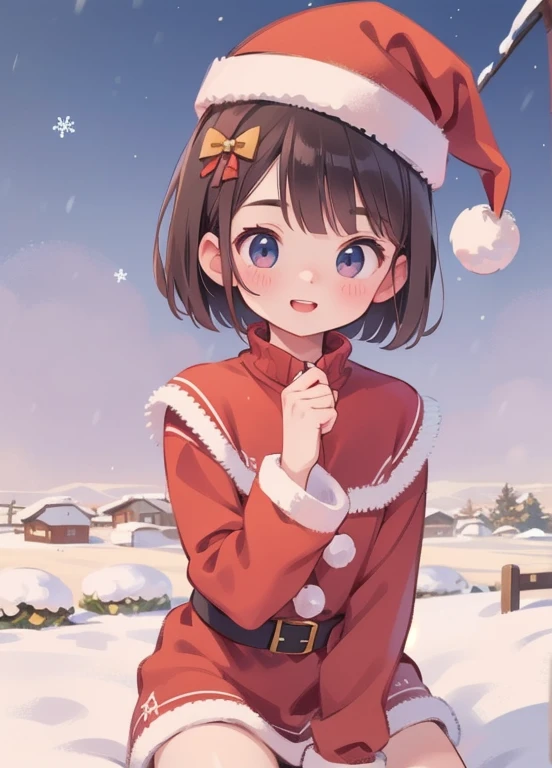 (Best Quality,16k,High resolution,masterpiece:1.2)，very detailed，Realistic:1.37，shape，Dark and mysterious，Black short bob，very ，very short stature，Flat Chest，very thin thighs，Detailed eyes，Detailed lips，Santa Claus clothes，Winter in Nara City，snow，Red tricorn hat，There are short horns on the head:1.4，Beautiful Face，smile，Deer crackers:1.2，This is what happened，very cunning gestures，
