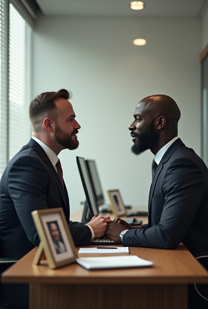 two men, one white and one black, are in their offices, dressed in suits and working on their computers. They have pictures of their families on the tables, showing the connection between the two families