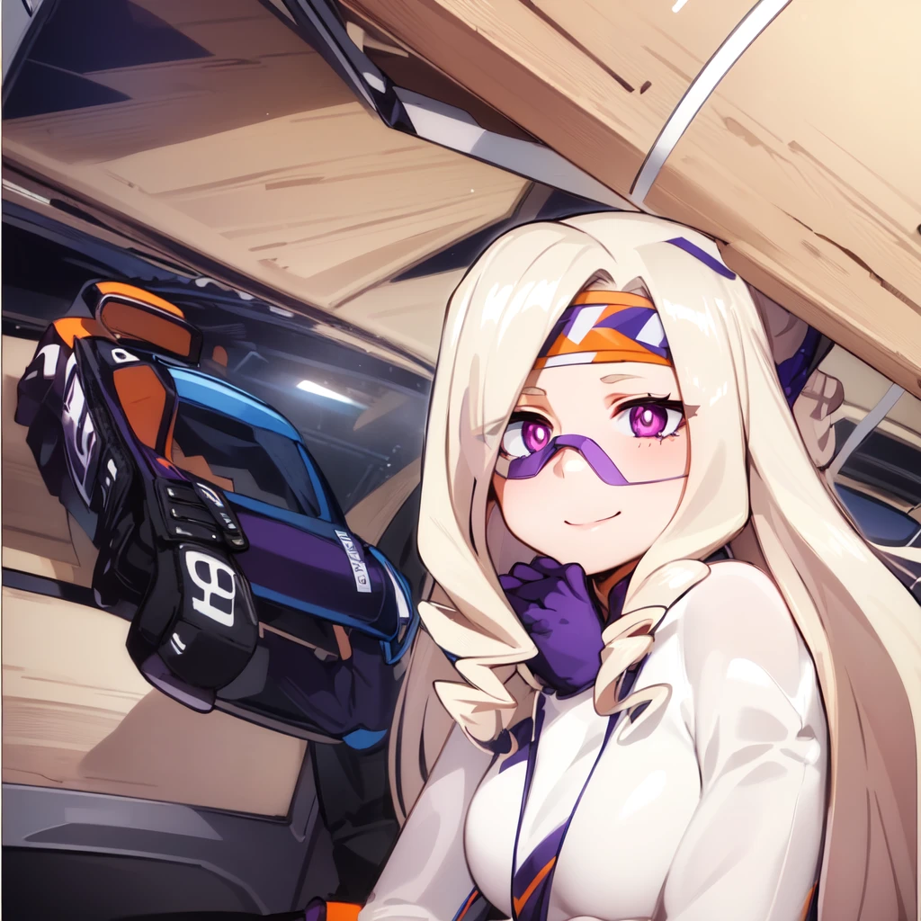 ((best quality)), ((highly detailed)), absurdres, (detailed eyes, deep eyes), (1girl), reflection, on knees, Yu Takeyama, long hair, blonde hair, drill hair, purple eyes, wide hips, breasts, serious, racing jacket, jeans, pants, white shirt, sneakers, purple headband, smile, gloves, purple car, night background, orange track