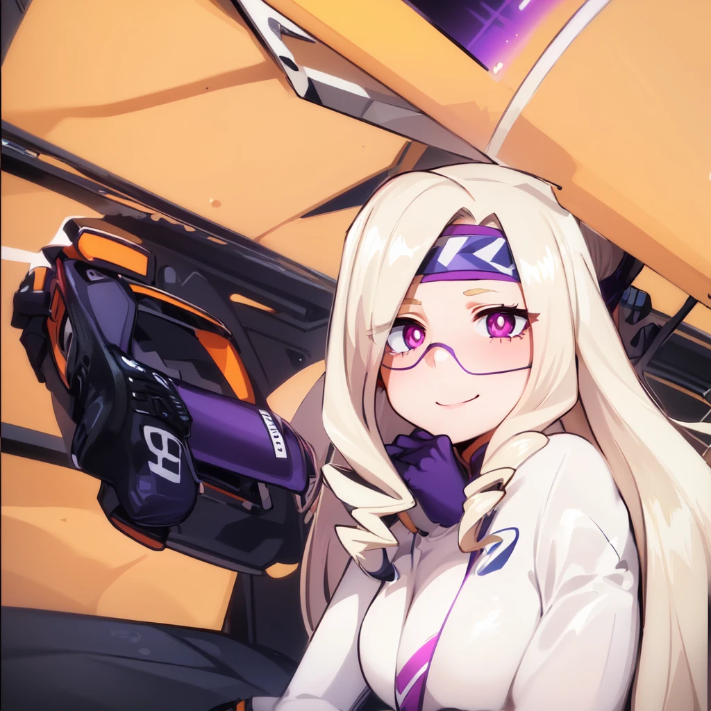 ((best quality)), ((highly detailed)), absurdres, (detailed eyes, deep eyes), (1girl), reflection, on knees, Yu Takeyama, long hair, blonde hair, drill hair, purple eyes, wide hips, breasts, serious, racing jacket, jeans, pants, white shirt, sneakers, purple headband, smile, gloves, purple car, night background, orange track