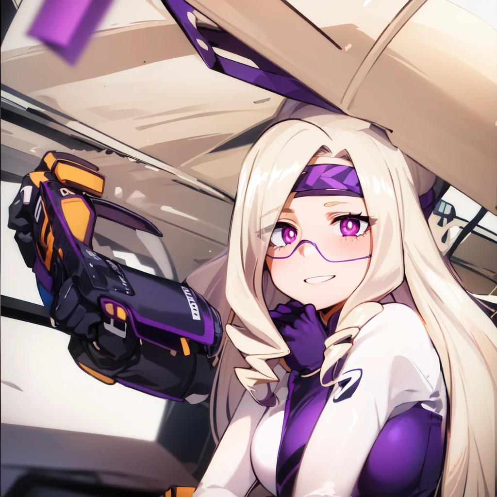 ((best quality)), ((highly detailed)), absurdres, (detailed eyes, deep eyes), (1girl), reflection, on knees, Yu Takeyama, long hair, blonde hair, drill hair, purple eyes, wide hips, breasts, serious, racing jacket, jeans, pants, white shirt, sneakers, purple headband, smile, gloves, purple car, night background, orange track