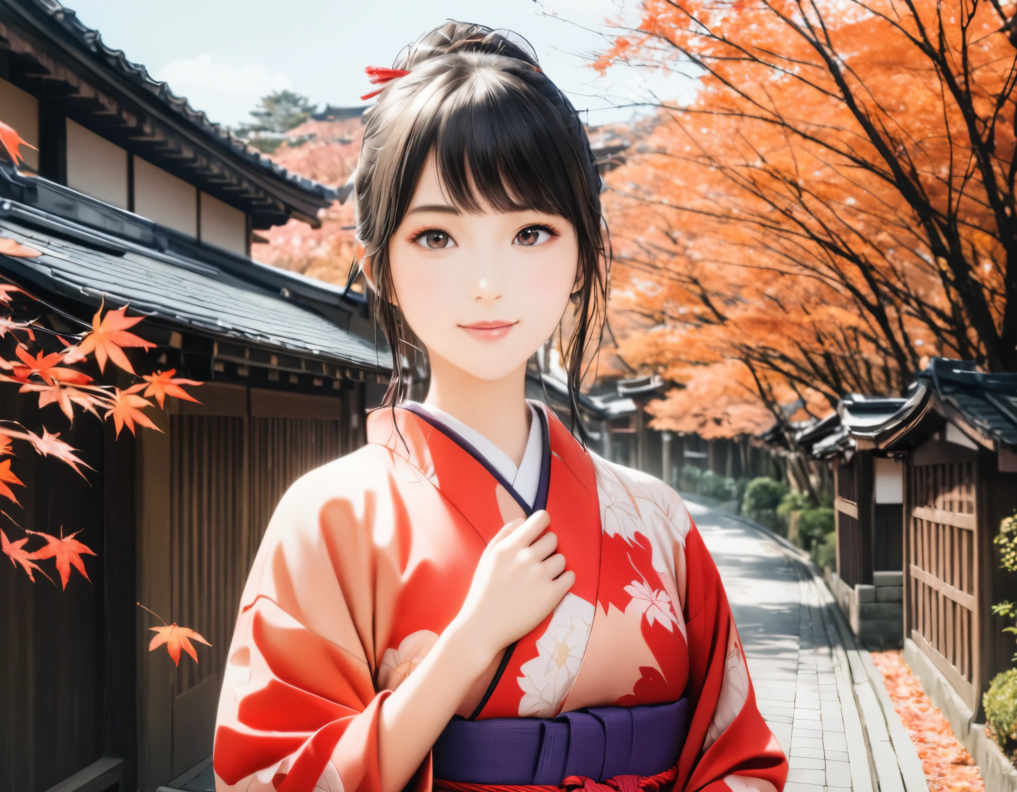 (best quality, 8k, high resolution:1.2), 1girl, Kyoto, kimono, autumn