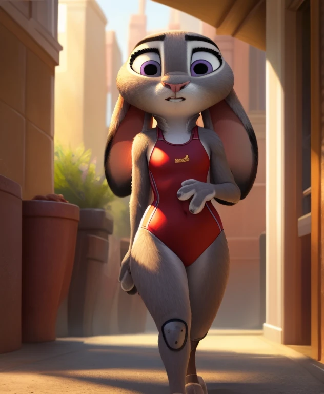 Judy Hopps walking in Zootopia while she is in a bathing suit