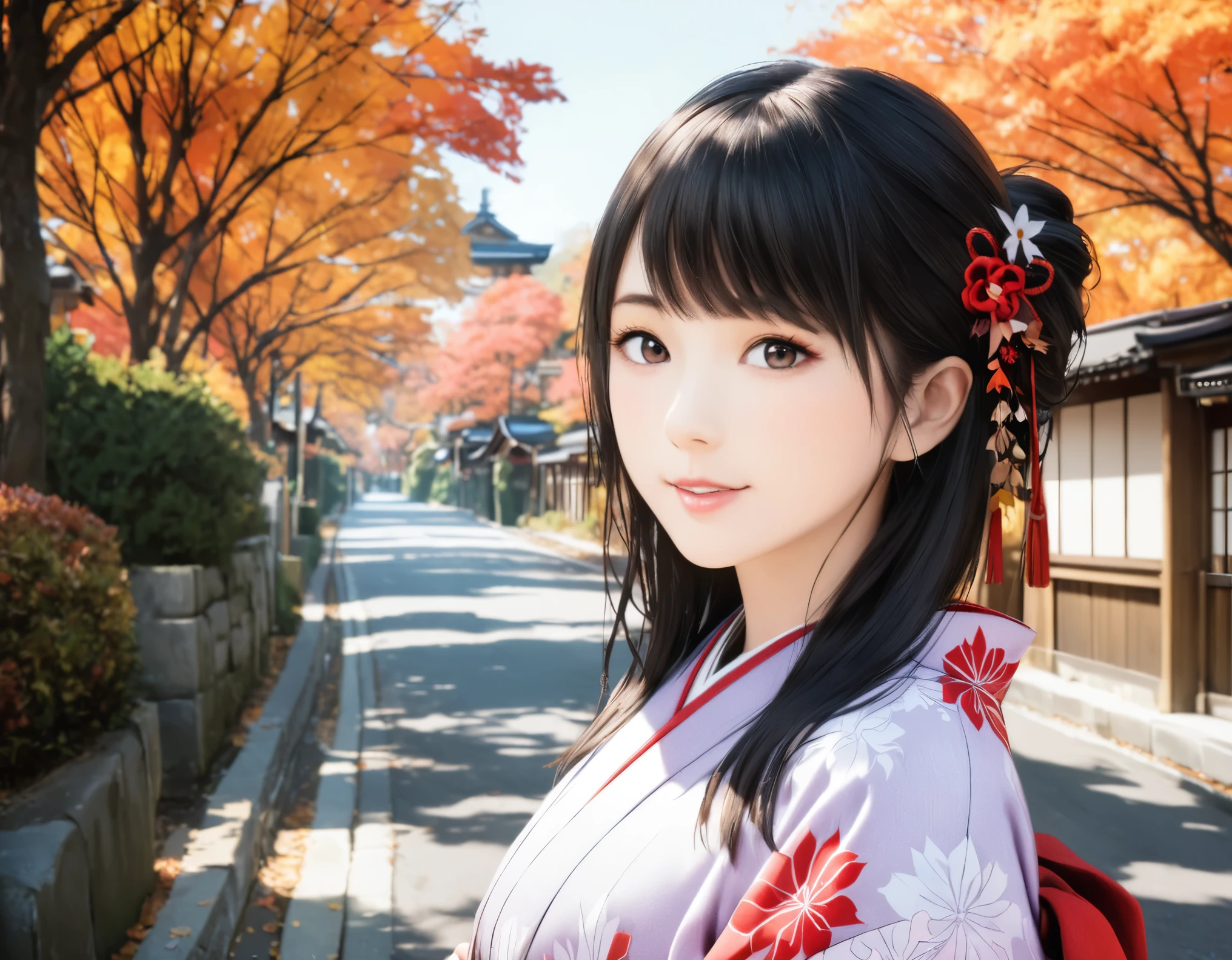 (best quality, 8k, high resolution:1.2), 1girl, Kyoto, kimono, autumn