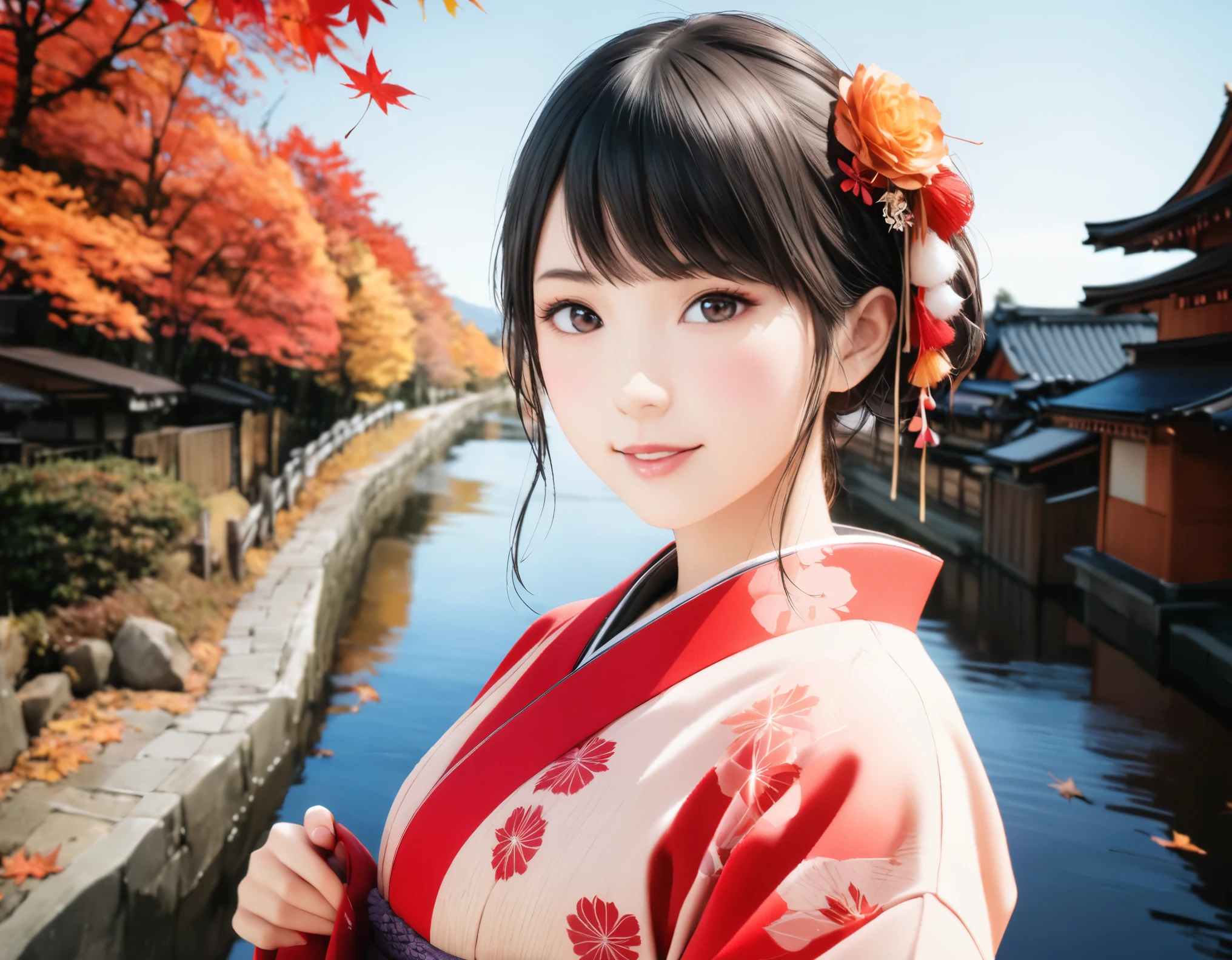 (best quality, 8k, high resolution:1.2), 1girl, Kyoto, kimono, autumn