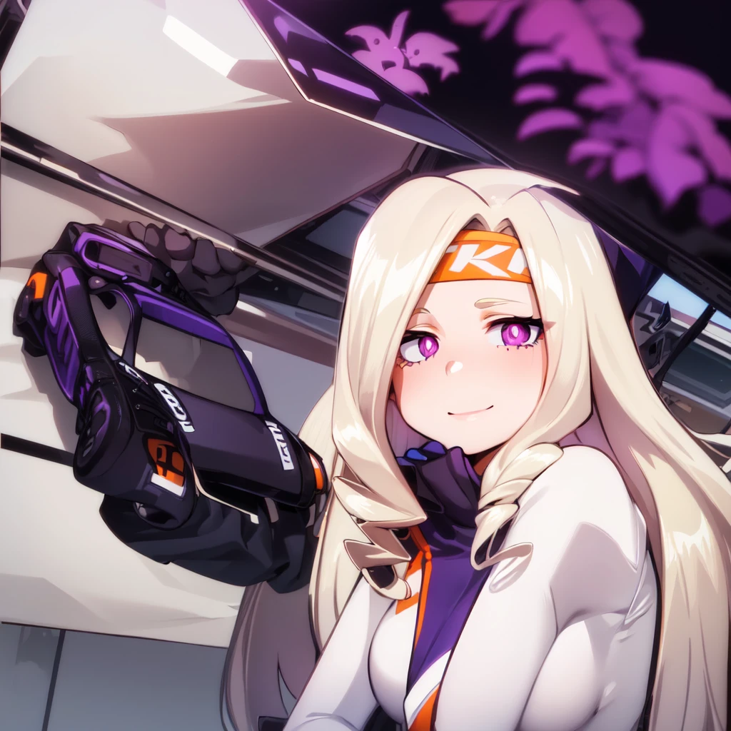 ((best quality)), ((highly detailed)), absurdres, (detailed eyes, deep eyes), (1girl), reflection, on knees, Yu Takeyama, long hair, blonde hair, drill hair, purple eyes, wide hips, breasts, serious, racing jacket, jeans, pants, white shirt, sneakers, purple headband, smile, gloves, purple car, night background, orange track