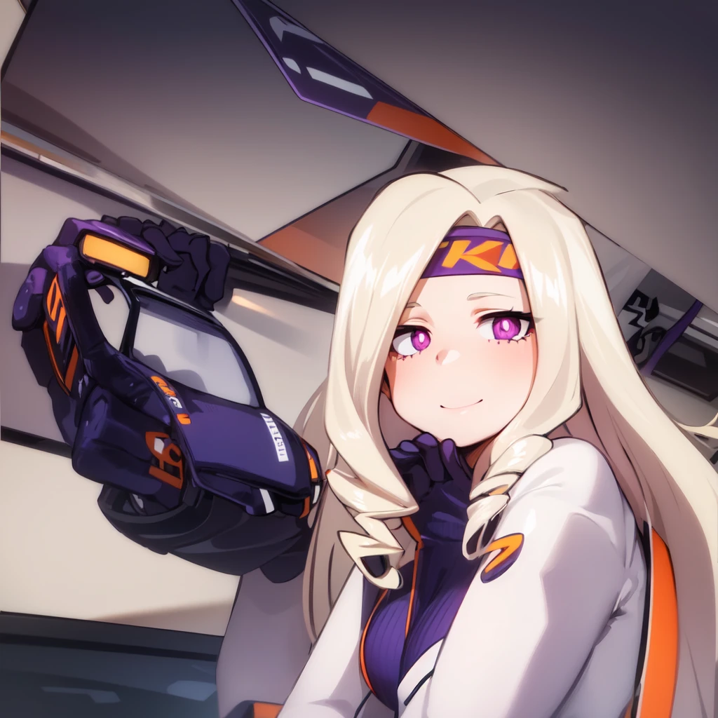 ((best quality)), ((highly detailed)), absurdres, (detailed eyes, deep eyes), (1girl), reflection, on knees, Yu Takeyama, long hair, blonde hair, drill hair, purple eyes, wide hips, breasts, serious, racing jacket, jeans, pants, white shirt, sneakers, purple headband, smile, gloves, purple car, night background, orange track