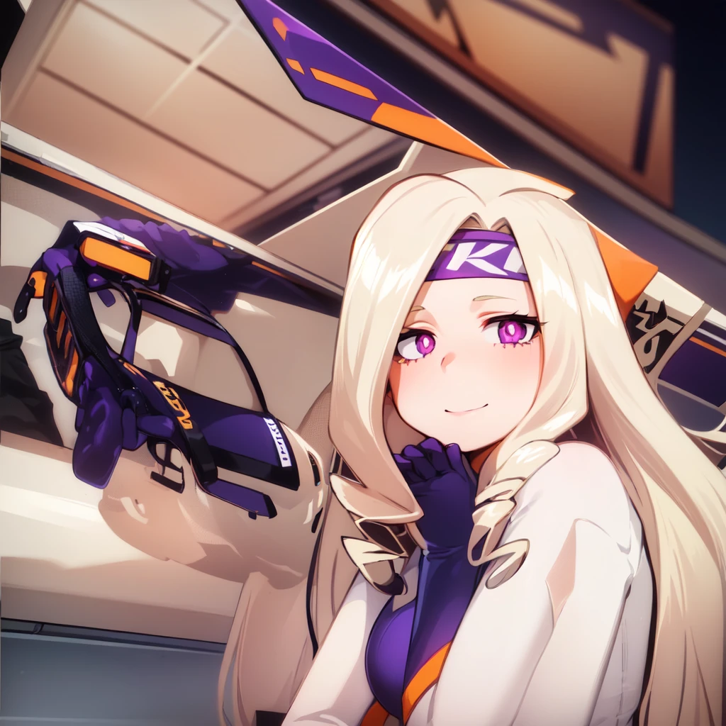 ((best quality)), ((highly detailed)), absurdres, (detailed eyes, deep eyes), (1girl), reflection, on knees, Yu Takeyama, long hair, blonde hair, drill hair, purple eyes, wide hips, breasts, serious, racing jacket, jeans, pants, white shirt, sneakers, purple headband, smile, gloves, purple car, night background, orange track