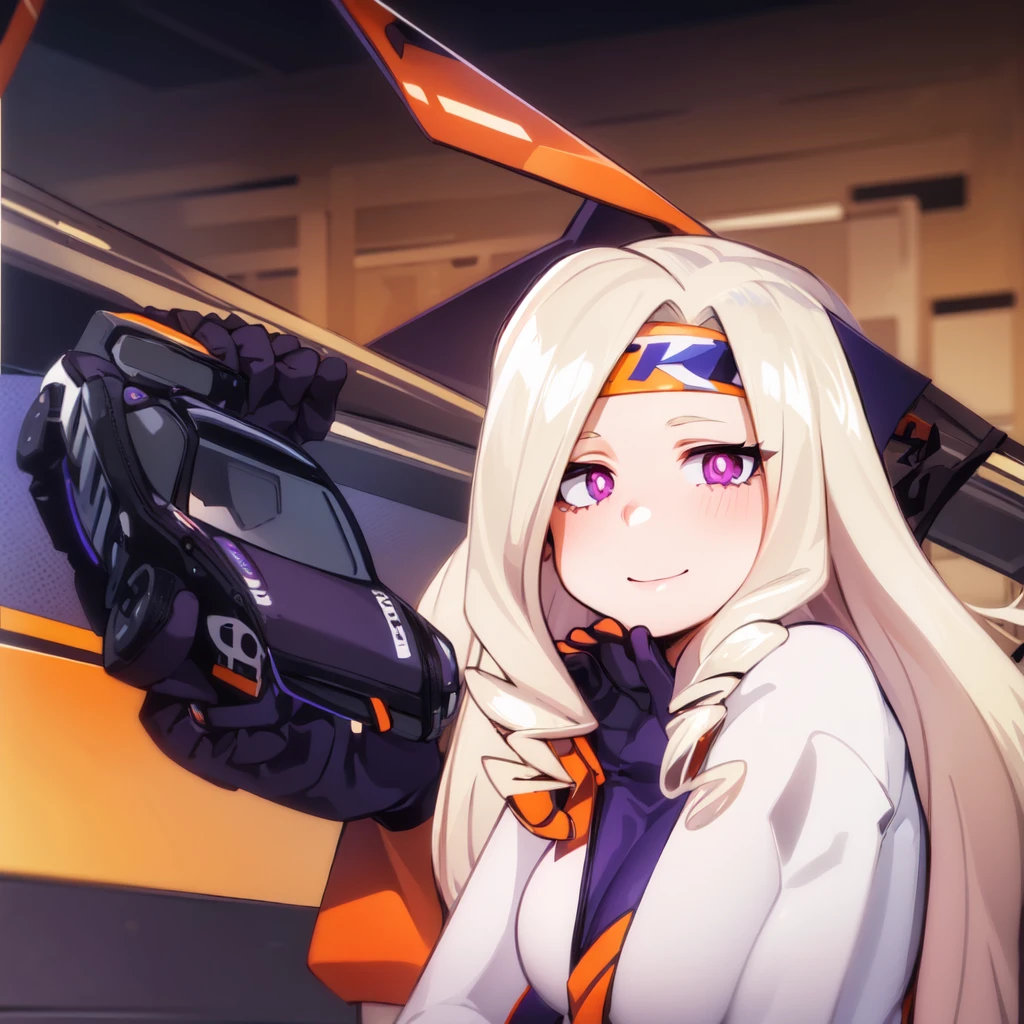 ((best quality)), ((highly detailed)), absurdres, (detailed eyes, deep eyes), (1girl), reflection, on knees, Yu Takeyama, long hair, blonde hair, drill hair, purple eyes, wide hips, breasts, serious, racing jacket, jeans, pants, white shirt, sneakers, purple headband, smile, gloves, purple car, night background, orange track