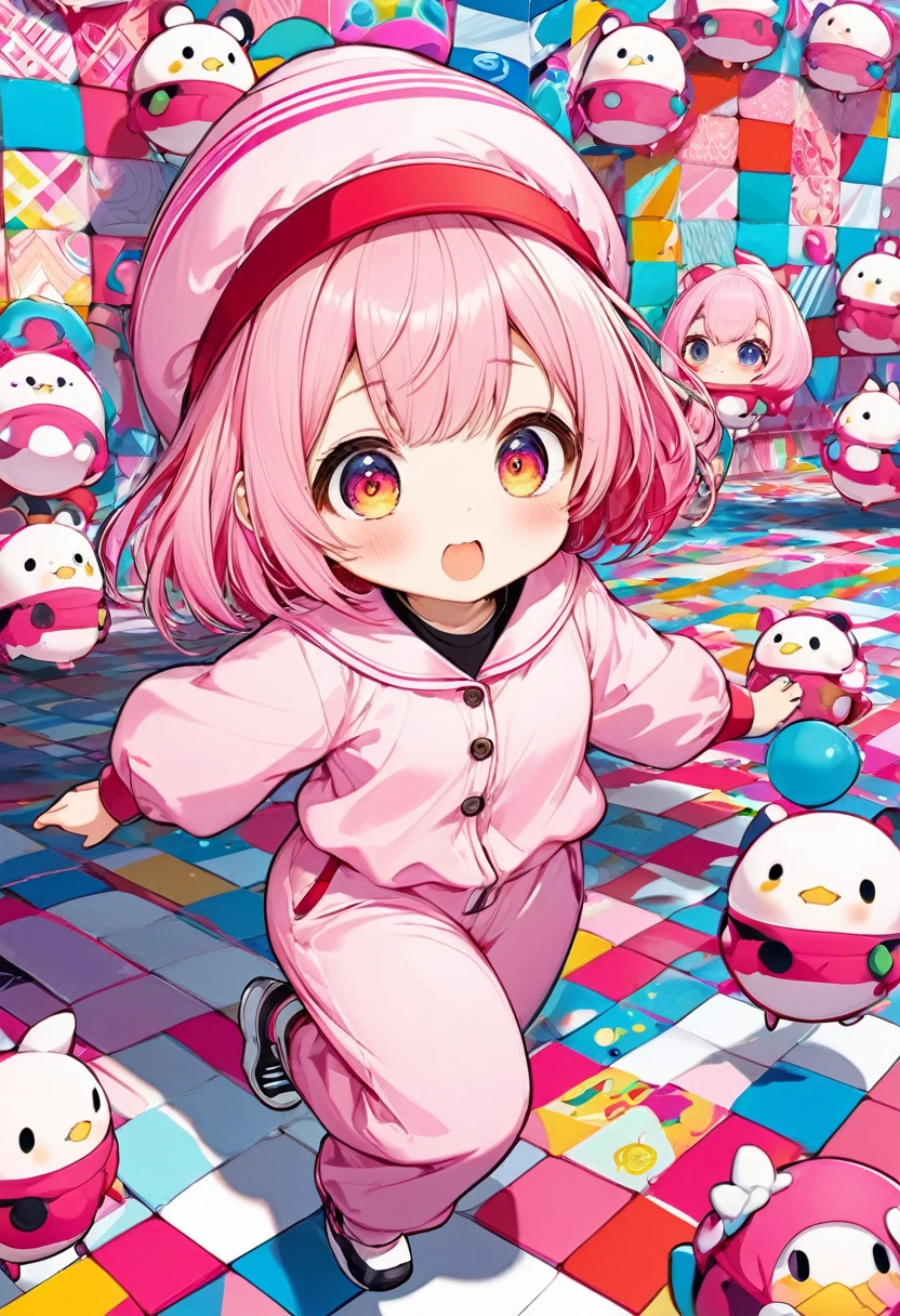 kawaii chibi character girl, pink bob haircut, cute big round eyes, expressive and various expressions, wearing baggy pink jumpsuit, baggy hat, running, background vivid color pattern patchwork wallpaper, conceptual installation art, BREAK delicate and dynamic textures, 2.5D, digital graphic CG, BREAK ultra detailed, absolutely resolution, best quality