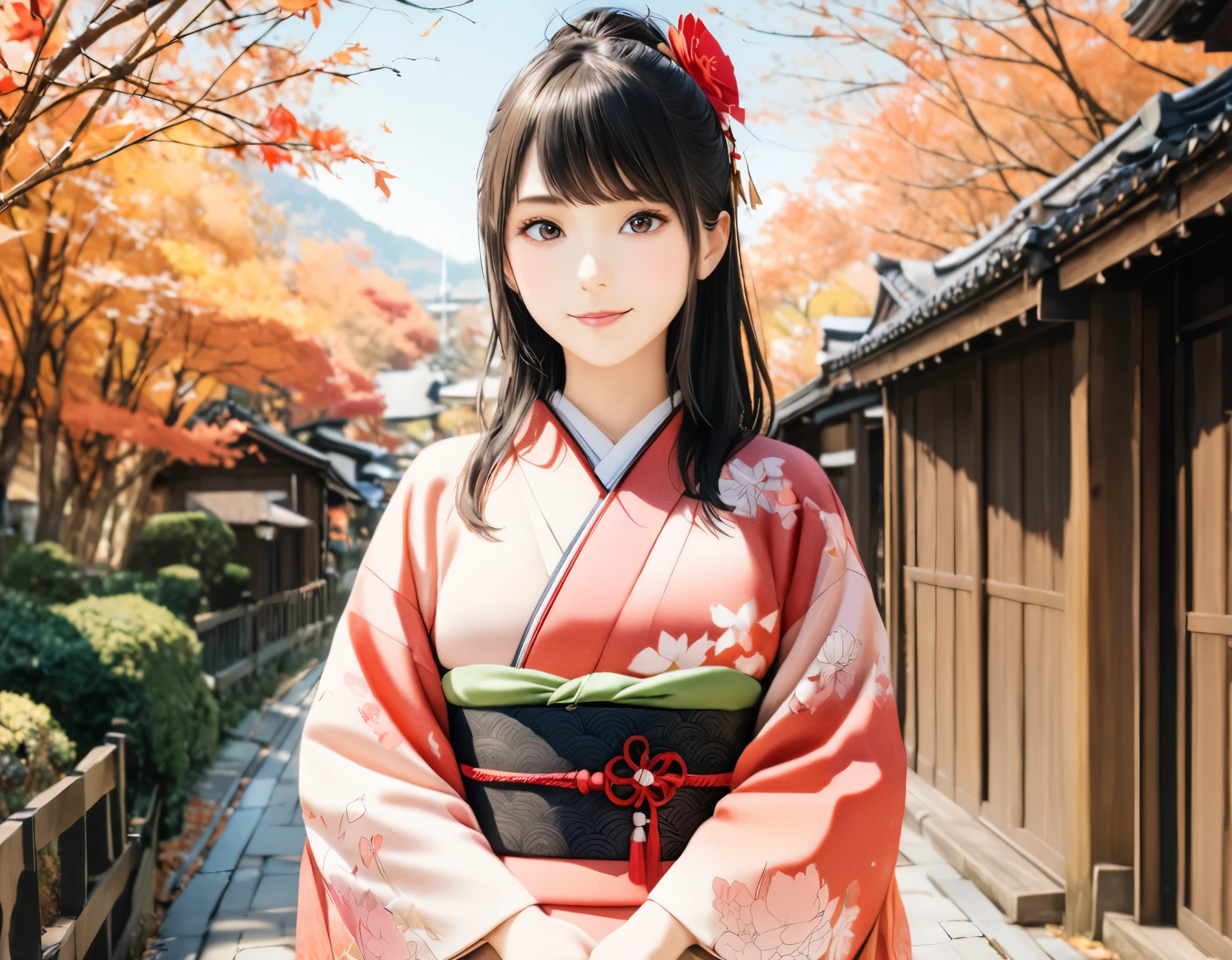 (best quality, 8k, high resolution:1.2), 1girl, Kyoto, kimono, autumn