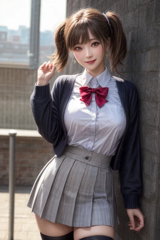 Kujikawa Def,Twin tails,school uniform,Seraph of the Black,Long sleeve,skirt,Knee socks,jewelry,Earrings,Are standing,
Highest quality, Very detailed, masterpiece, Absurd,8k,   photoRealistic, Realistic,Detailed skin texture,Detailed pupil,High resolution,Natural light,
One girl,alone,(Happy:1.1),(smile:1.2),short hair,Brown Hair,(Angular face:1.2),Shining Face,Large Breasts, Tight waist, Lip Makeup,skirtを持ち上げる:1.8)