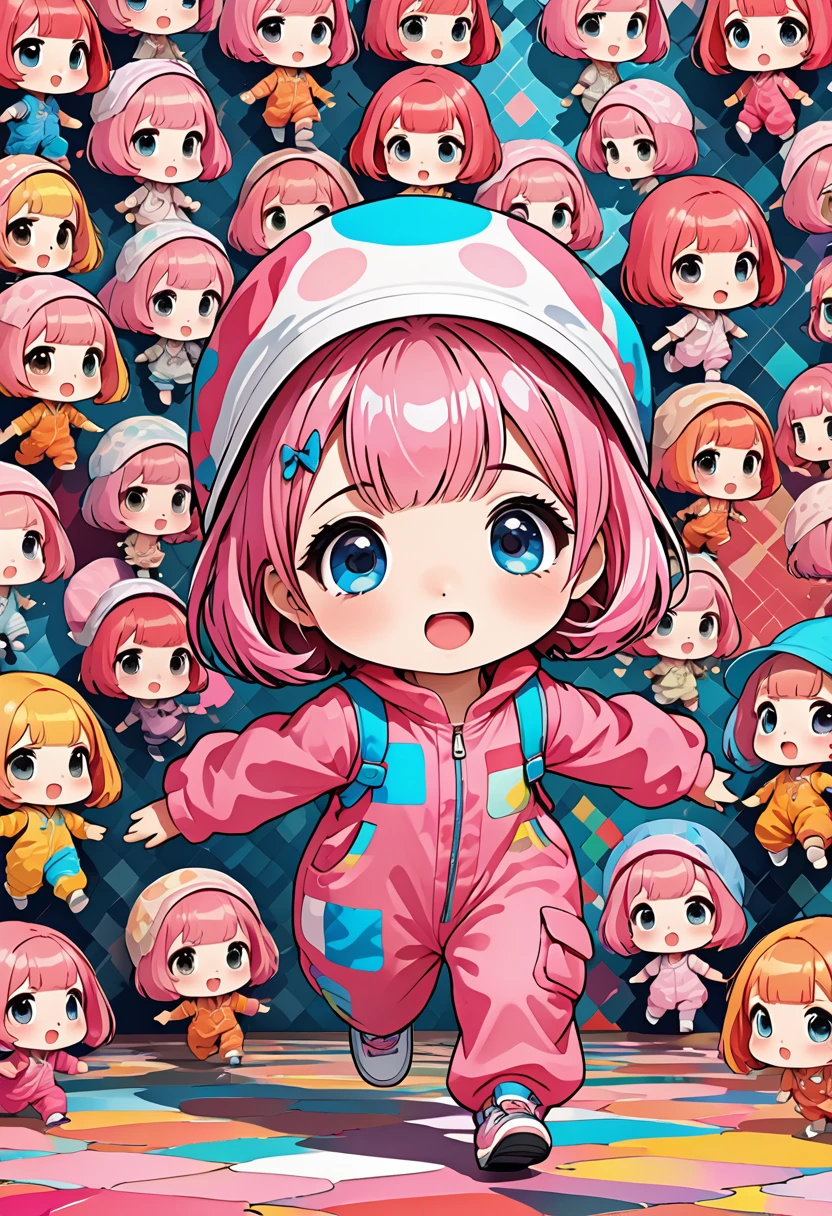 kawaii chibi character girl, pink bob haircut, cute big round eyes, expressive and various expressions, wearing baggy pink jumpsuit, baggy hat, running, background vivid color pattern patchwork wallpaper, conceptual installation art, BREAK delicate and dynamic textures, 2.5D, digital graphic CG, BREAK ultra detailed, absolutely resolution, best quality