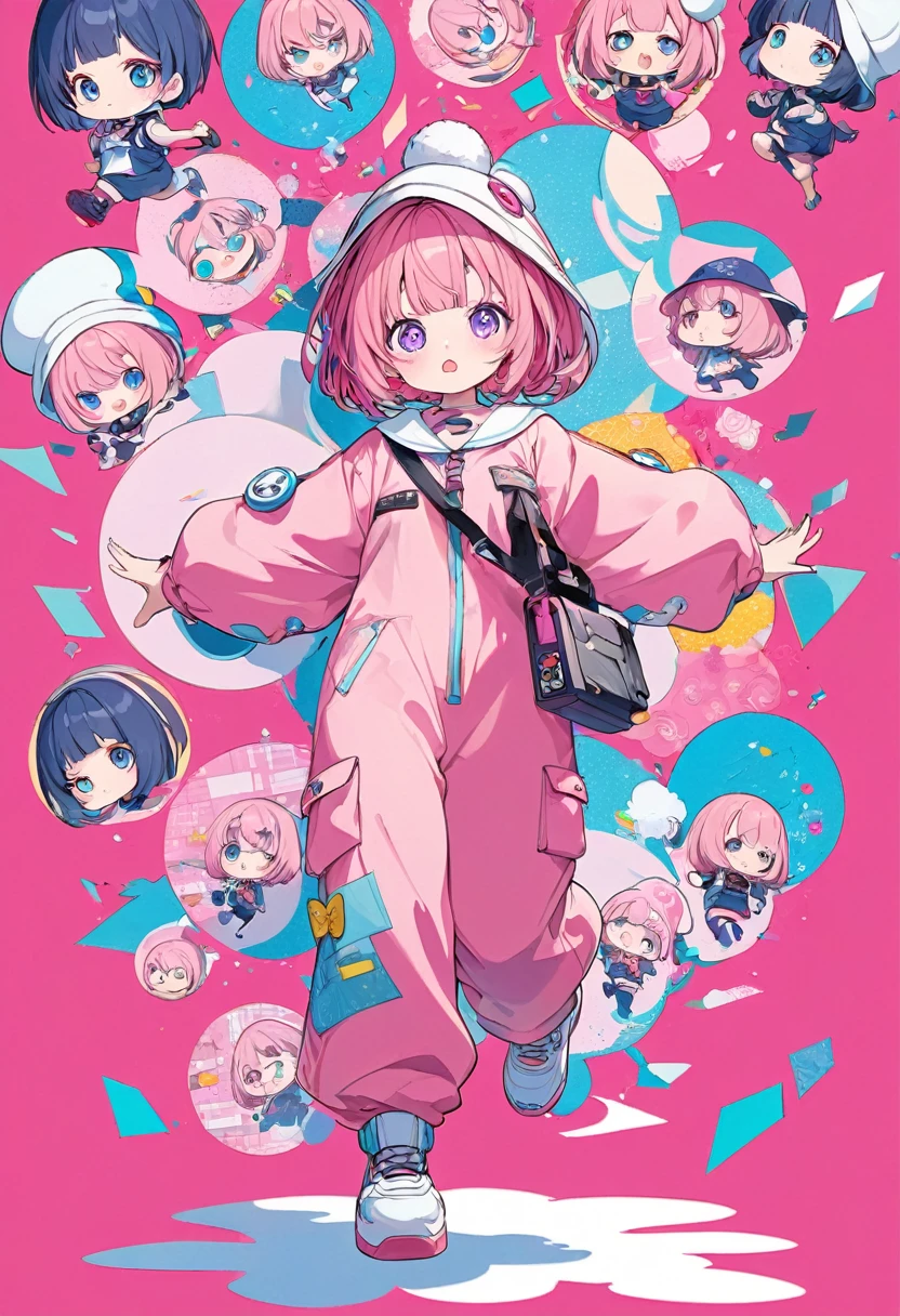 kawaii chibi character girl, pink bob haircut, cute big round eyes, expressive and various expressions, wearing baggy pink jumpsuit, baggy hat, running, background vivid color pattern patchwork wallpaper, conceptual installation art, BREAK delicate and dynamic textures, 2.5D, digital graphic CG, BREAK ultra detailed, absolutely resolution, best quality