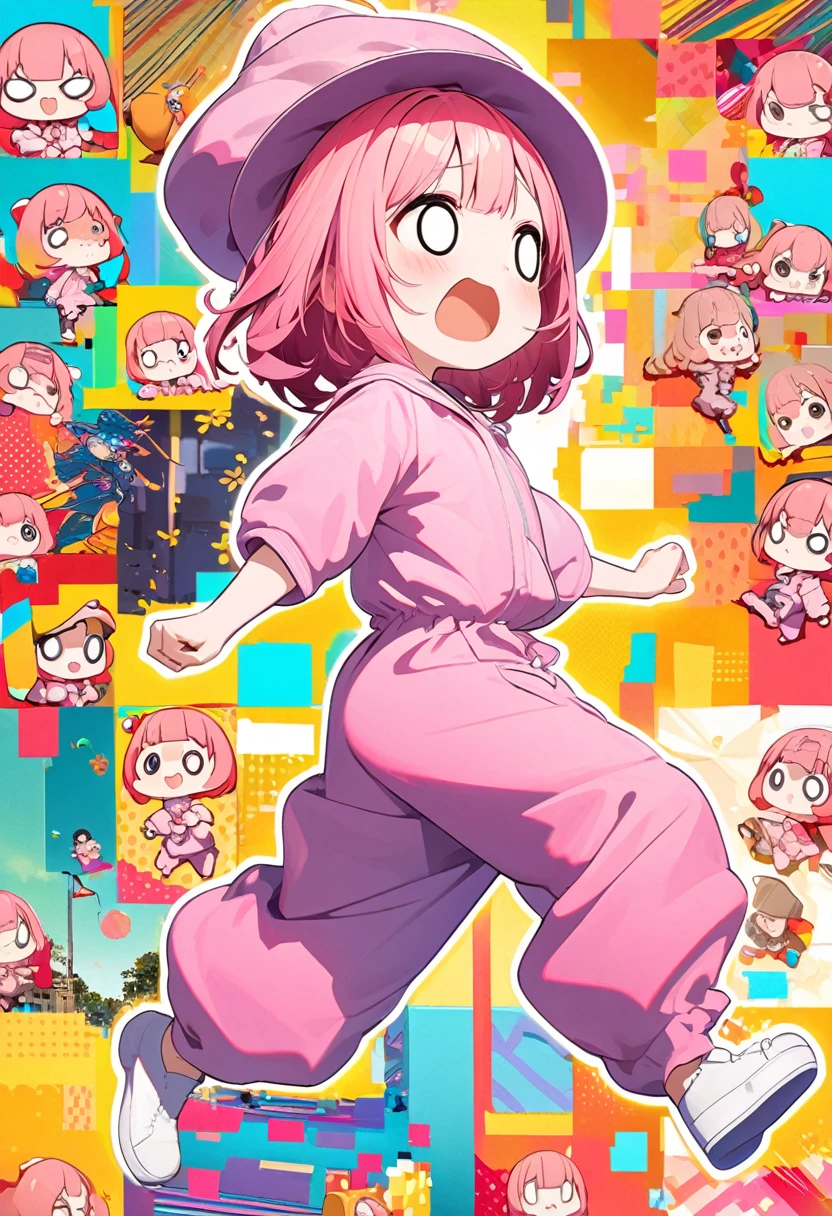 kawaii chibi character girl, pink bob haircut, cute big round eyes, expressive and various expressions, wearing baggy pink jumpsuit, baggy hat, running, background vivid color pattern patchwork wallpaper, conceptual installation art, BREAK delicate and dynamic textures, 2.5D, digital graphic CG, BREAK ultra detailed, absolutely resolution, best quality