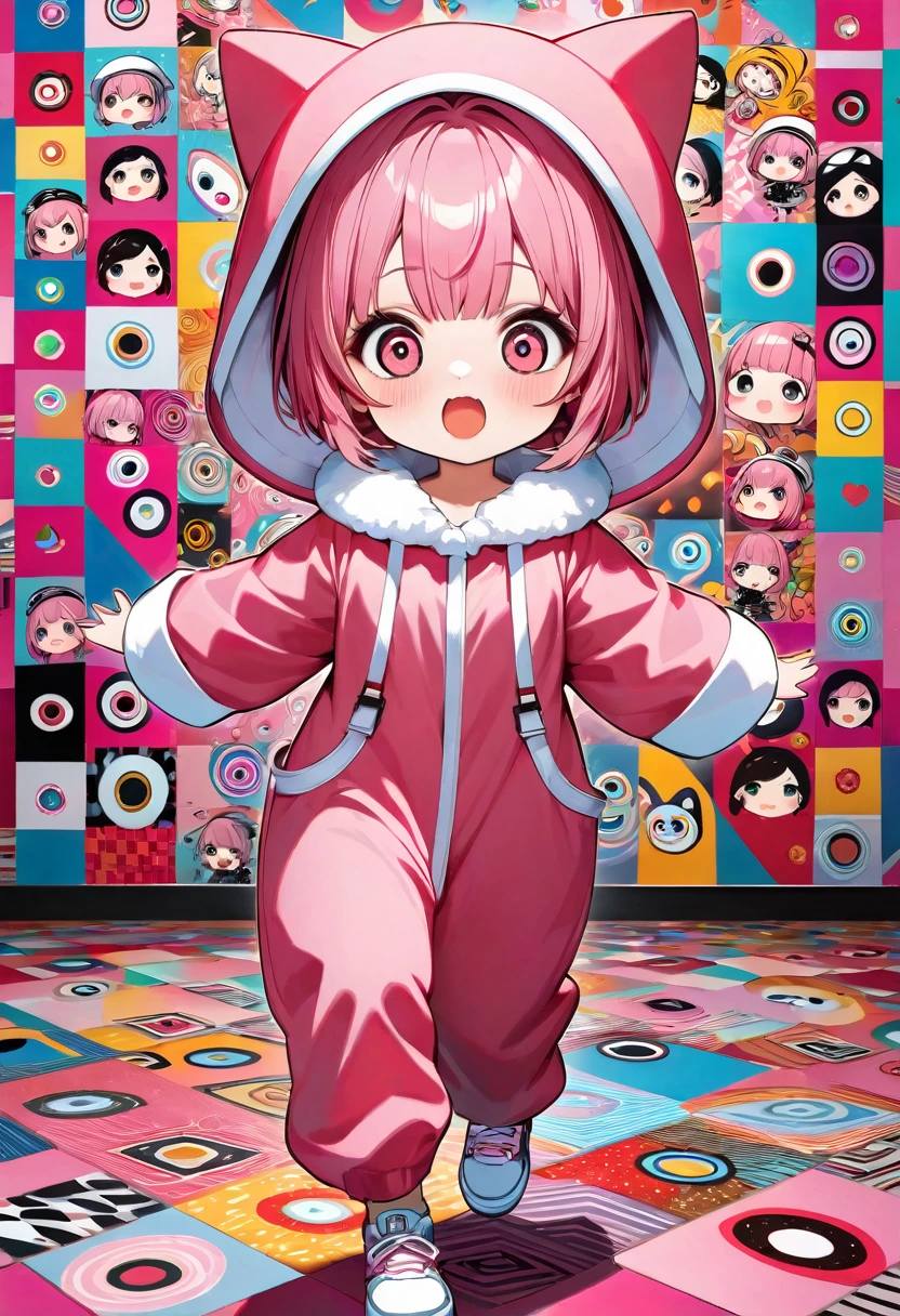 kawaii chibi character girl, pink bob haircut, cute big round eyes, expressive and various expressions, wearing baggy pink jumpsuit, baggy hat, running, background vivid color pattern patchwork wallpaper, conceptual installation art, BREAK delicate and dynamic textures, 2.5D, digital graphic CG, BREAK ultra detailed, absolutely resolution, best quality