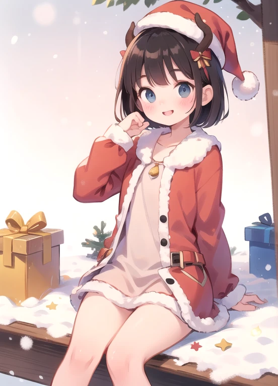 (Best Quality,16k,High resolution,masterpiece:1.2)，very detailed，Realistic:1.37，shape，Dark and mysterious，Black short bob，very ，very short stature，Flat Chest，very thin thighs，Detailed eyes，Detailed lips，Santa Claus clothes，Winter in Nara City，snow，Red tricorn hat，There are short horns on the head:1.4，Beautiful Face，smile，Deer crackers:1.2，This is what happened，very cunning gestures，