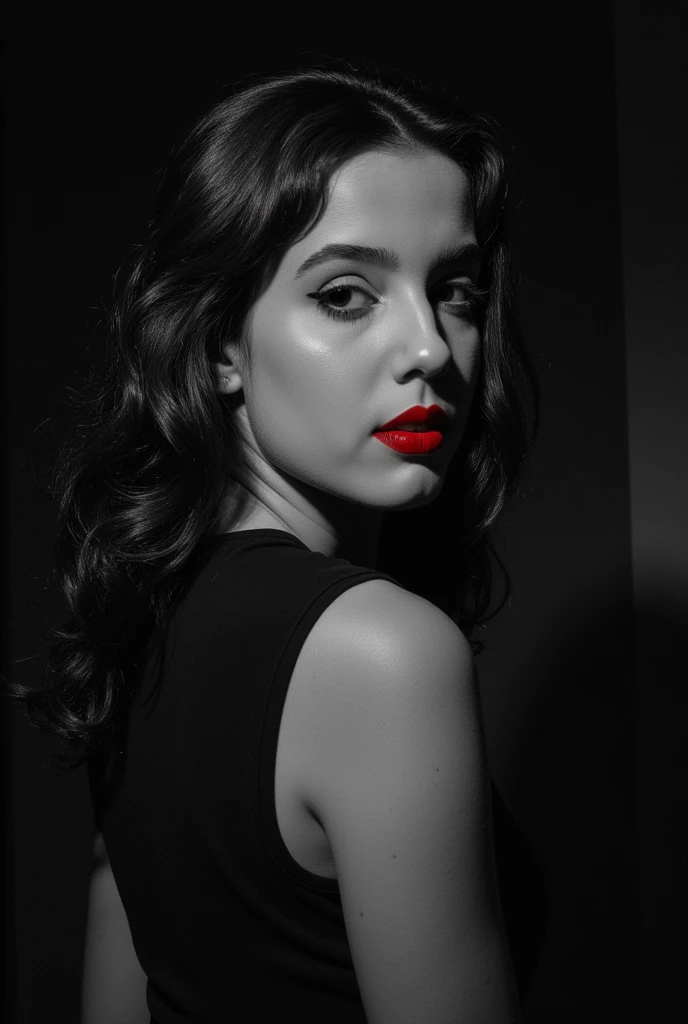 Photo noire et blanc, film noir style, Maginifique, 1fille, Seulement, demi-corps, Dramatic lighting, monochrome, high contrast, ombres dramatiques, 40s style, Mysterious, cinematic, Bright red lips (((Only lips red)))
