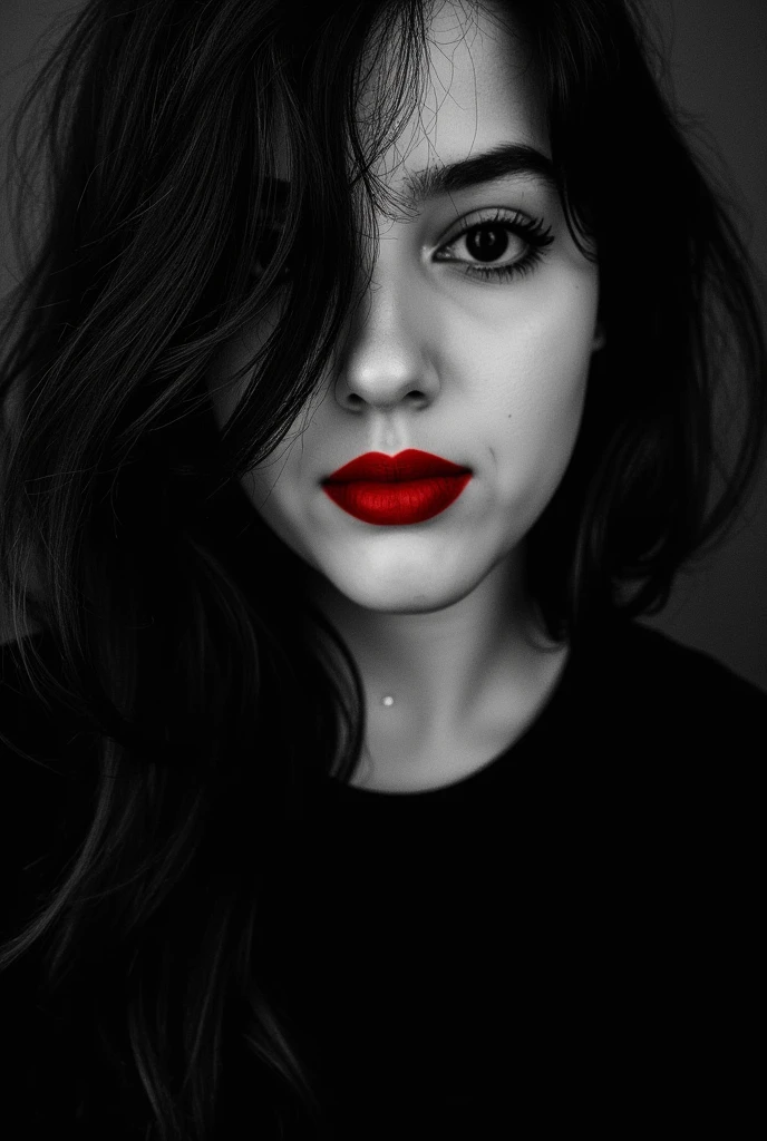 Photo noire et blanc, film noir style, Maginifique, 1fille, Seulement, demi-corps, Dramatic lighting, monochrome, high contrast, ombres dramatiques, 40s style, Mysterious, cinematic, Bright red lips (((Only lips red)))
