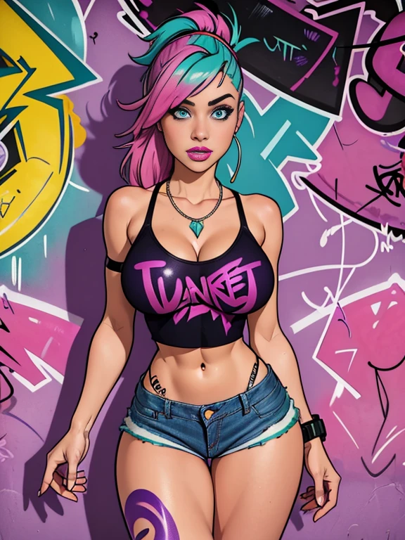 one,8k highly detailed, casual games, , comic book art style, Half body photo,White background,big eyes,cute,Model posing,mature darker-skin African American woman,solid color background, purple Mohawk hair,Smile,(((White background))),((goth clothing)),Punk clothes, ((low rise tight jeans)),punk style,Show belly,Face shot, purple Mohawk hair, playing a electric guitar, singing into a microphone, with big perfect lips. 