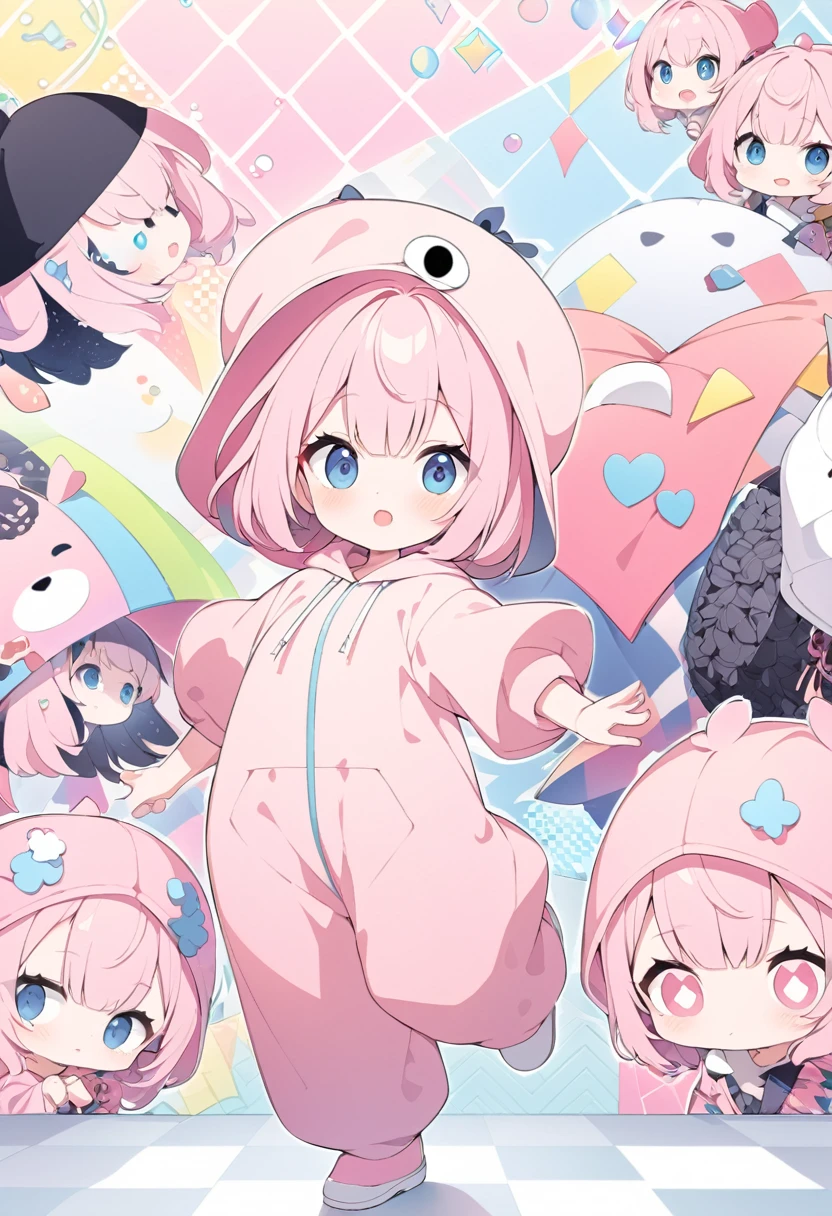 kawaii chibi character girl, pink bob haircut, cute big round eyes, expressive and various expressions, wearing baggy pink jumpsuit, baggy hat, running, background vivid color pattern patchwork wallpaper, conceptual installation art, BREAK delicate and dynamic textures, 2.5D, digital graphic CG, BREAK ultra detailed, absolutely resolution, best quality