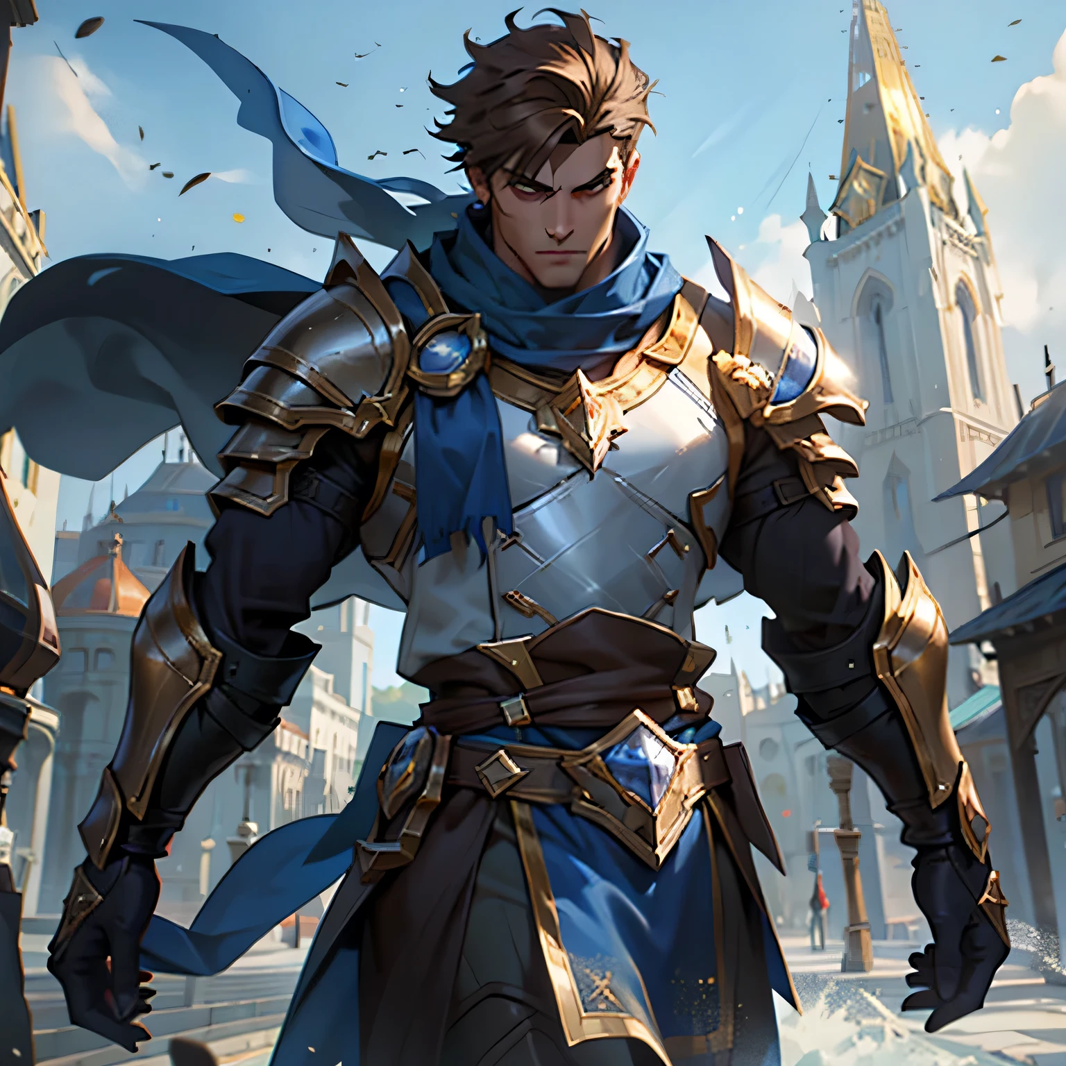 Splash art of a twenty-one year old man, very beautiful perfect square face, short light brown hair, large and strong body, wearing armor, wearing a dark blue scarf around his neck, large silver and gold shoulder pads, beautiful armor, dark blue cape, he is a knight wielding a very large sword, dynamic pose hd 4k, daytime background, white buildings, beautiful kingdom.